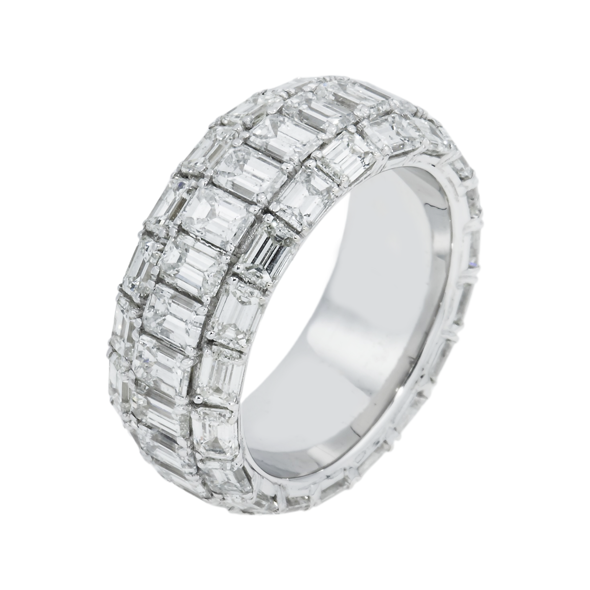 18K White Gold Triple Row Emerald Cut Diamond Ring 6.86Ct Rings