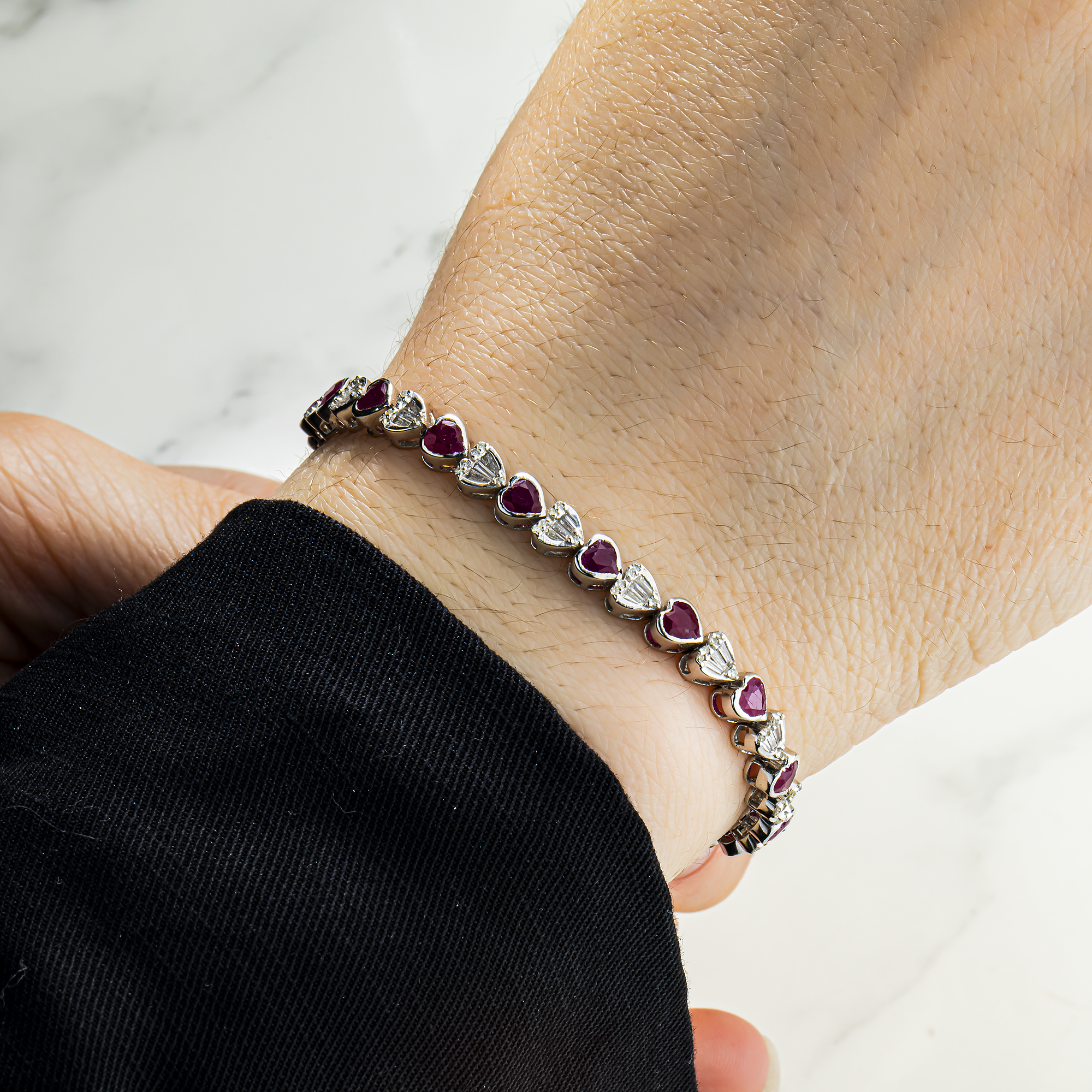 14K White Gold Heart Cut Ruby & Diamond Tennis Bracelet 7.31ct