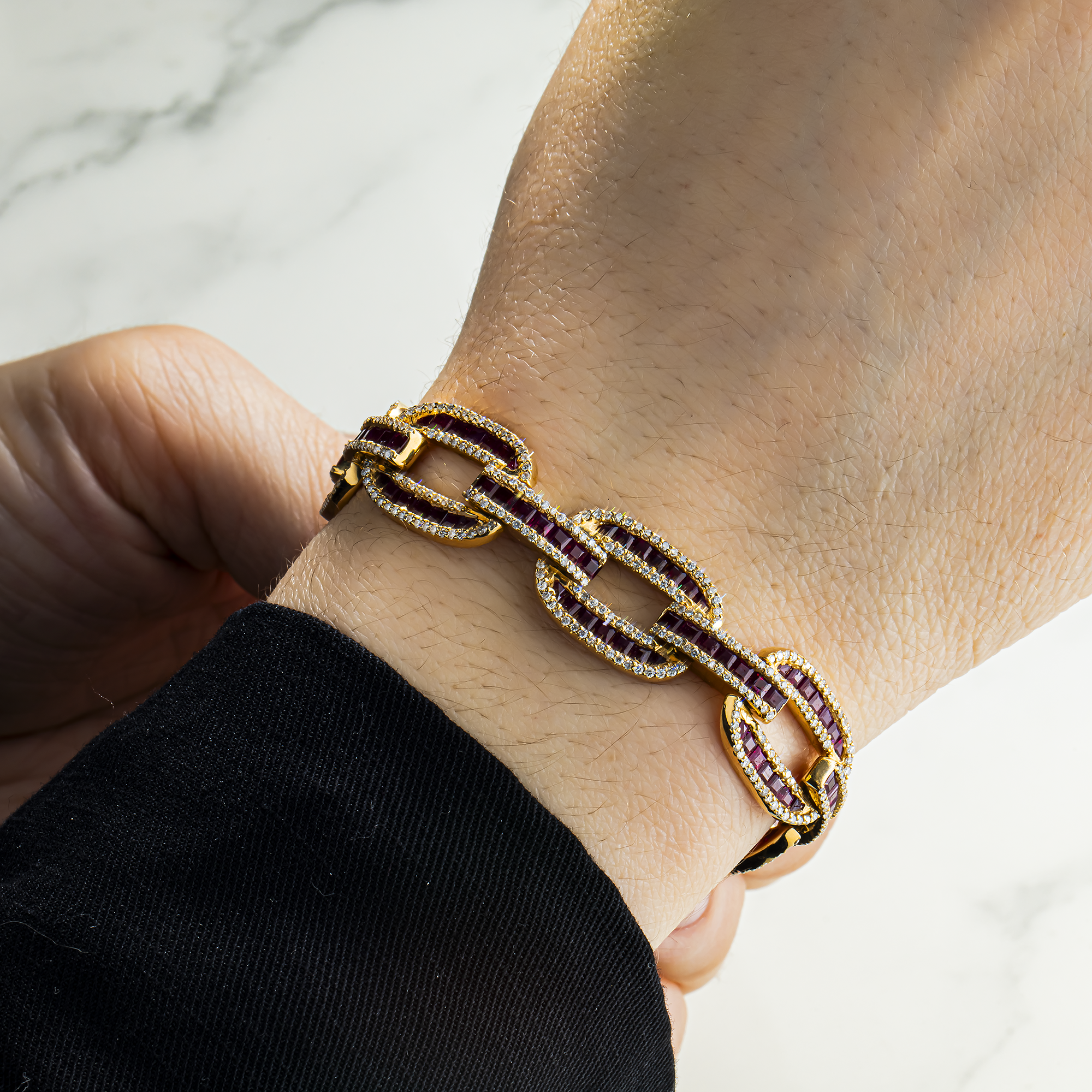 14K Yellow Gold Ruby & Diamond Hermes Link Chain Bracelet 12.09ct