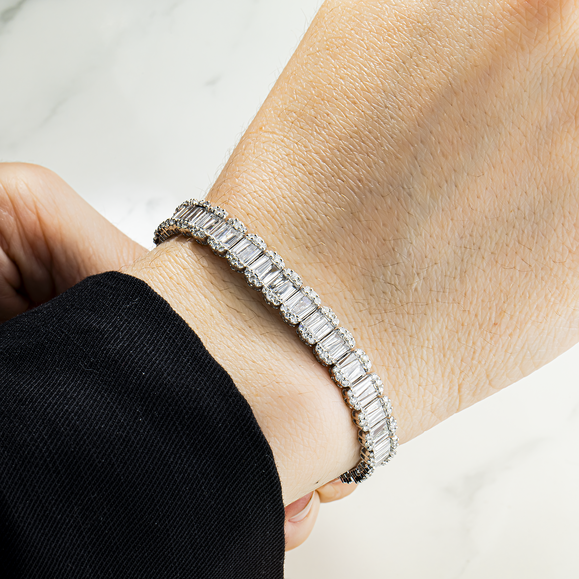 14K White Gold Round & Baguette Cut Diamond Tennis Bracelet 7.32ct