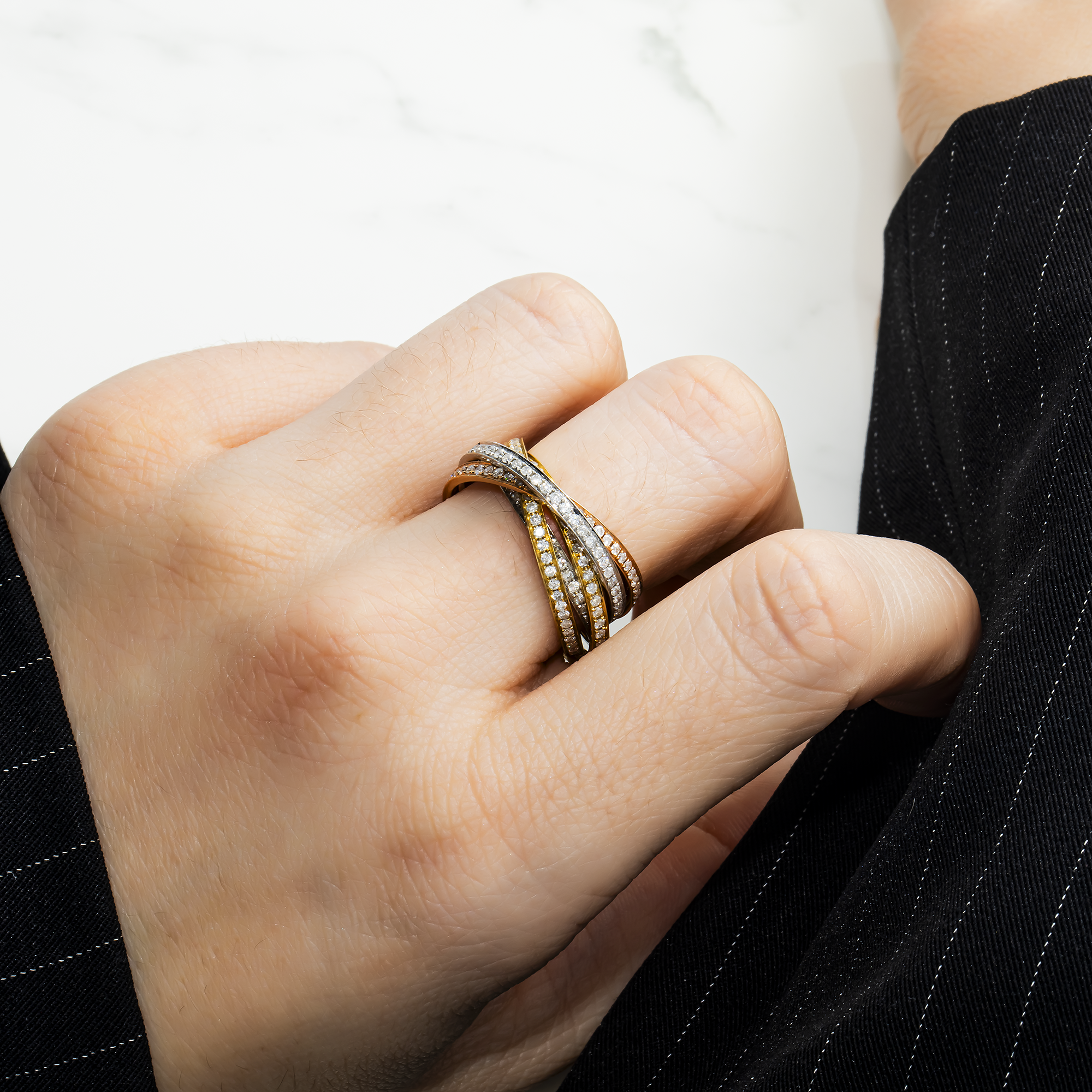 Tri Color 14K Gold Round Diamond Five Stack Roller Ring 1.98Ct Rings