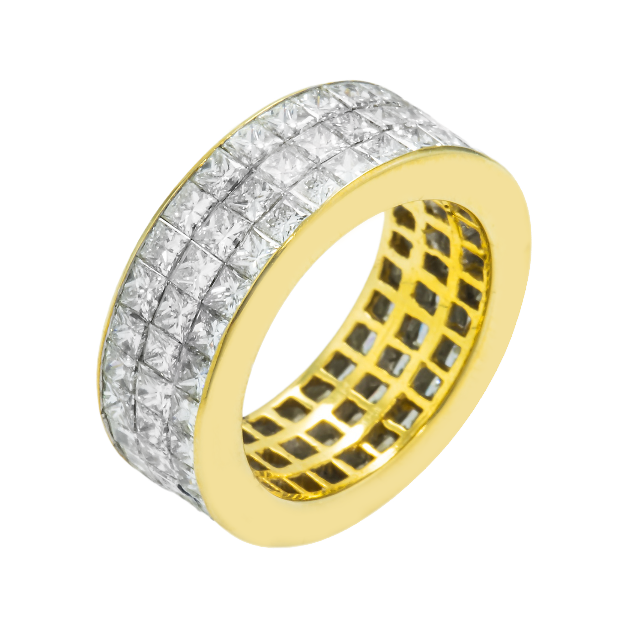 18K Yellow Gold Triple Row Princess Cut Diamond Eternity Ring 6.96Ct Rings