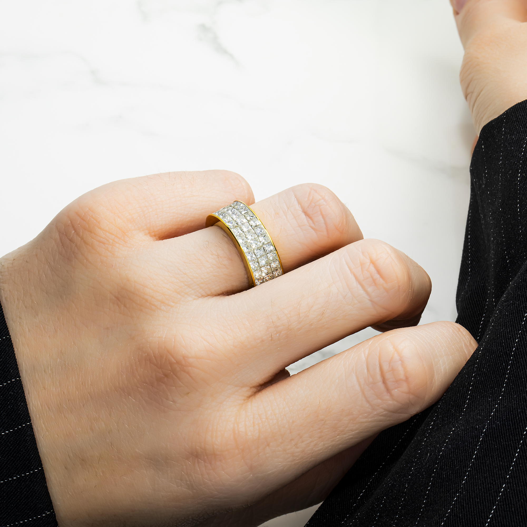 18K Yellow Gold Triple Row Princess Cut Diamond Eternity Ring 6.96Ct Rings