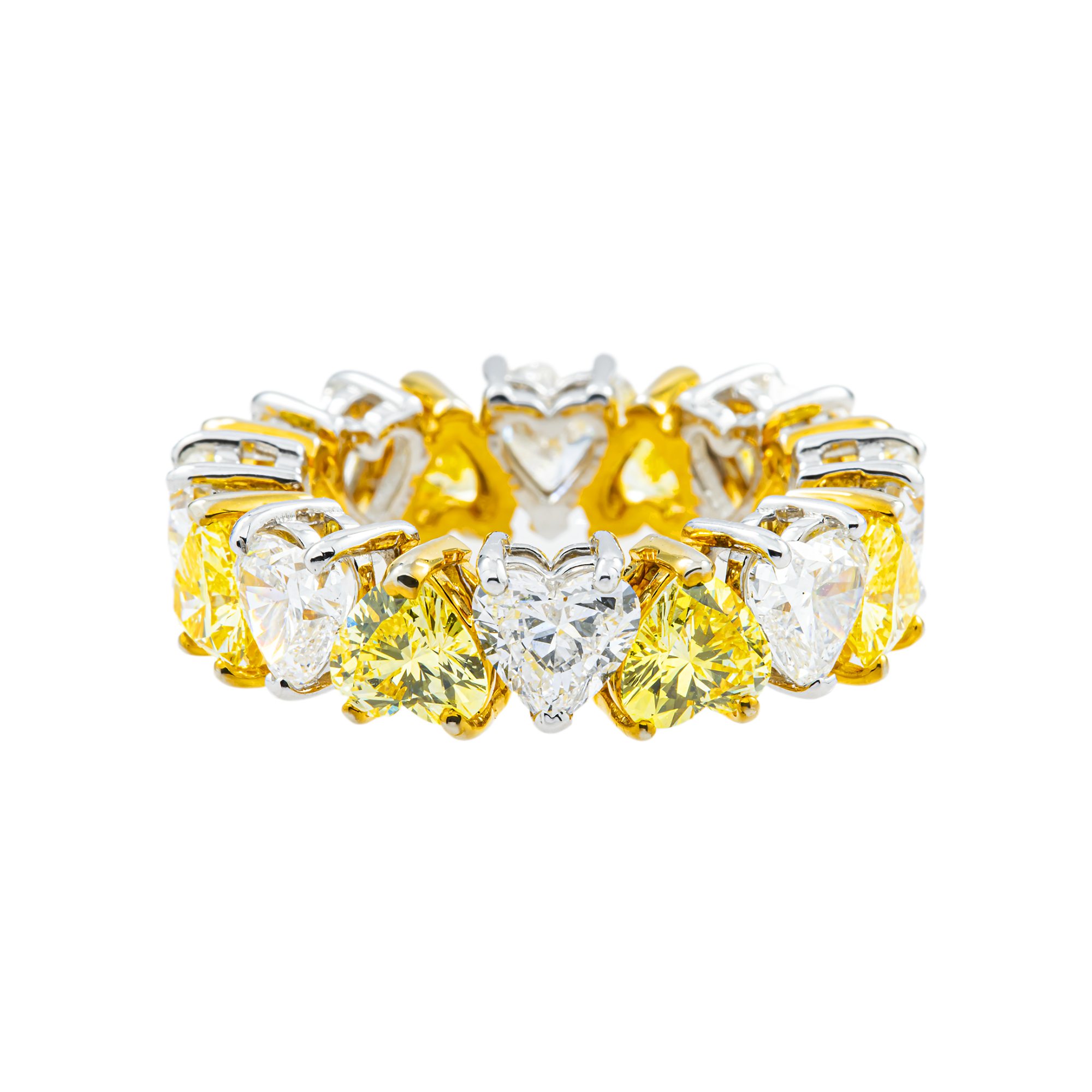 14K Two Tone Heart Cut Fancy Yellow & White Diamond Eternity Ring 8.14ct (Size 6.25)