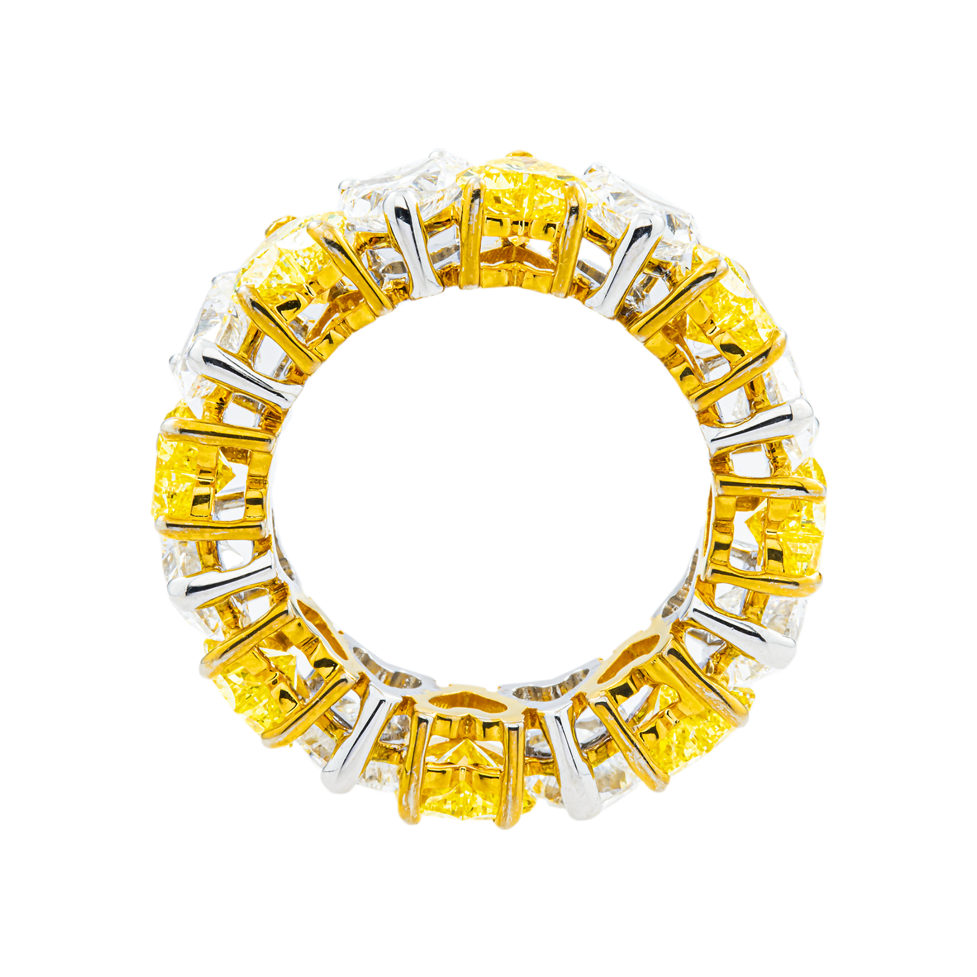 14K Two Tone Heart Cut Fancy Yellow & White Diamond Eternity Ring 8.14ct (Size 6.25)