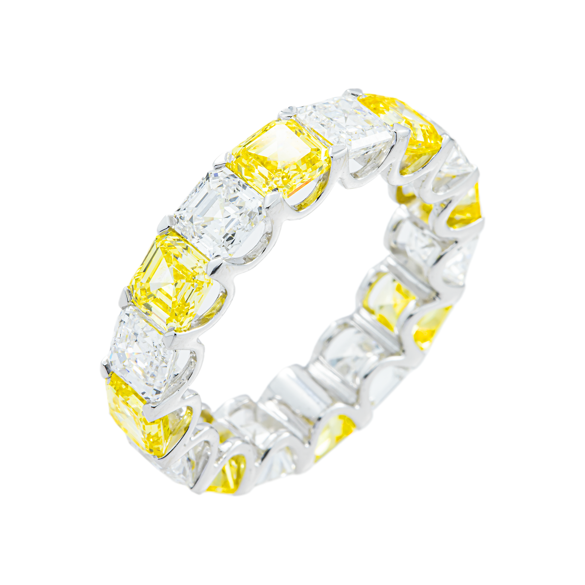 14K White Gold Asscher Cut Fancy Yellow & White Diamond Eternity Ring 8.21ct (Size 6.5)