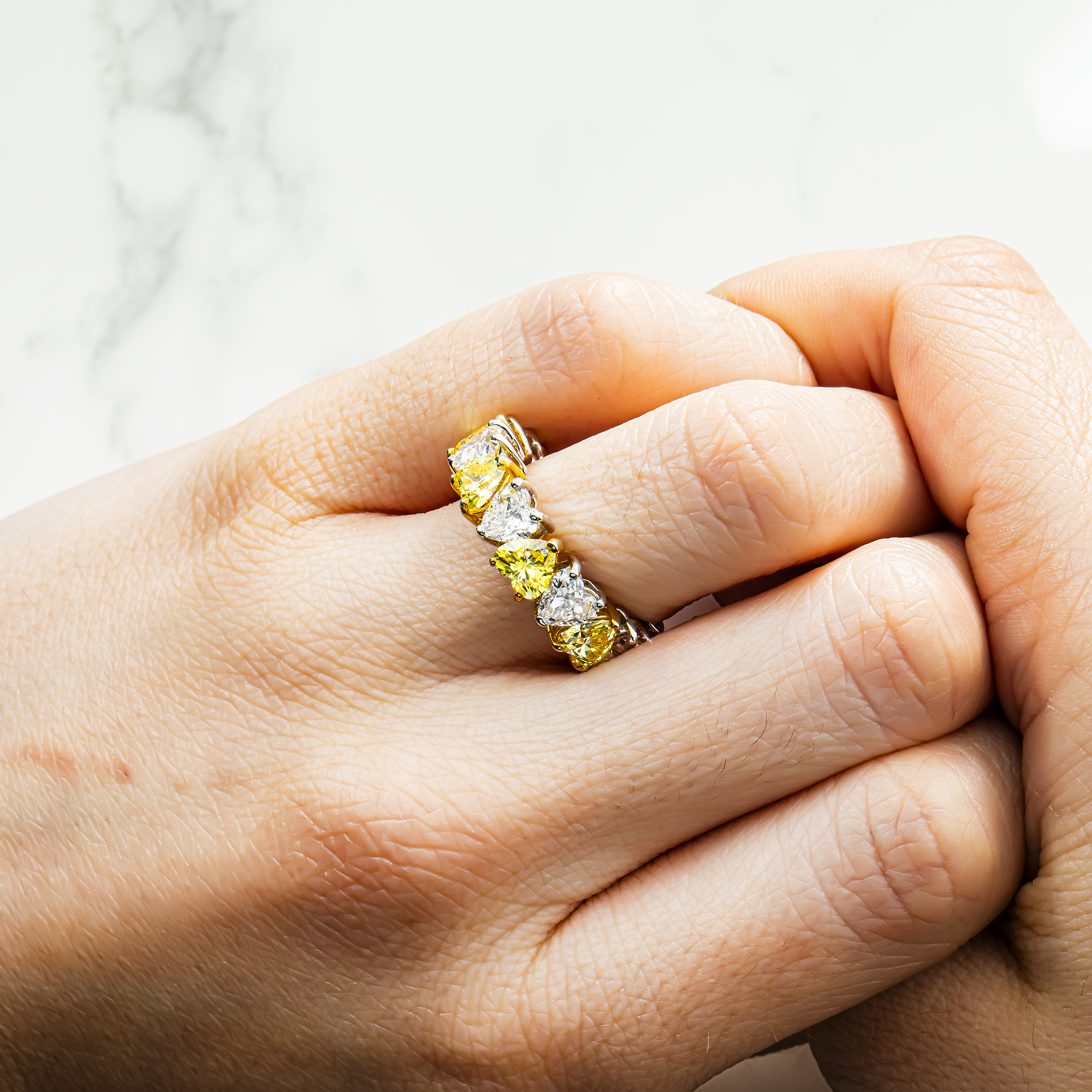 14K Two Tone Heart Cut Fancy Yellow & White Diamond Eternity Ring 8.14ct (Size 6.25)
