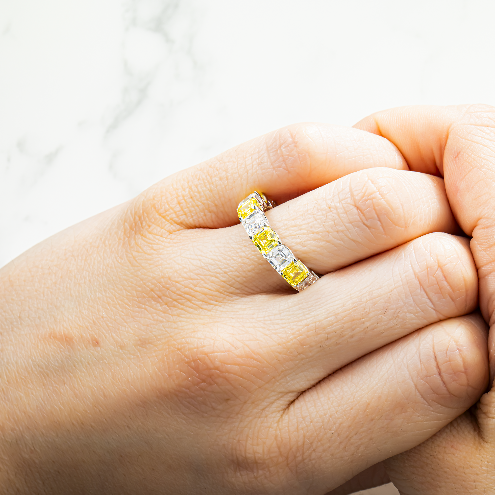 14K White Gold Asscher Cut Fancy Yellow & White Diamond Eternity Ring 8.21ct (Size 6.5)