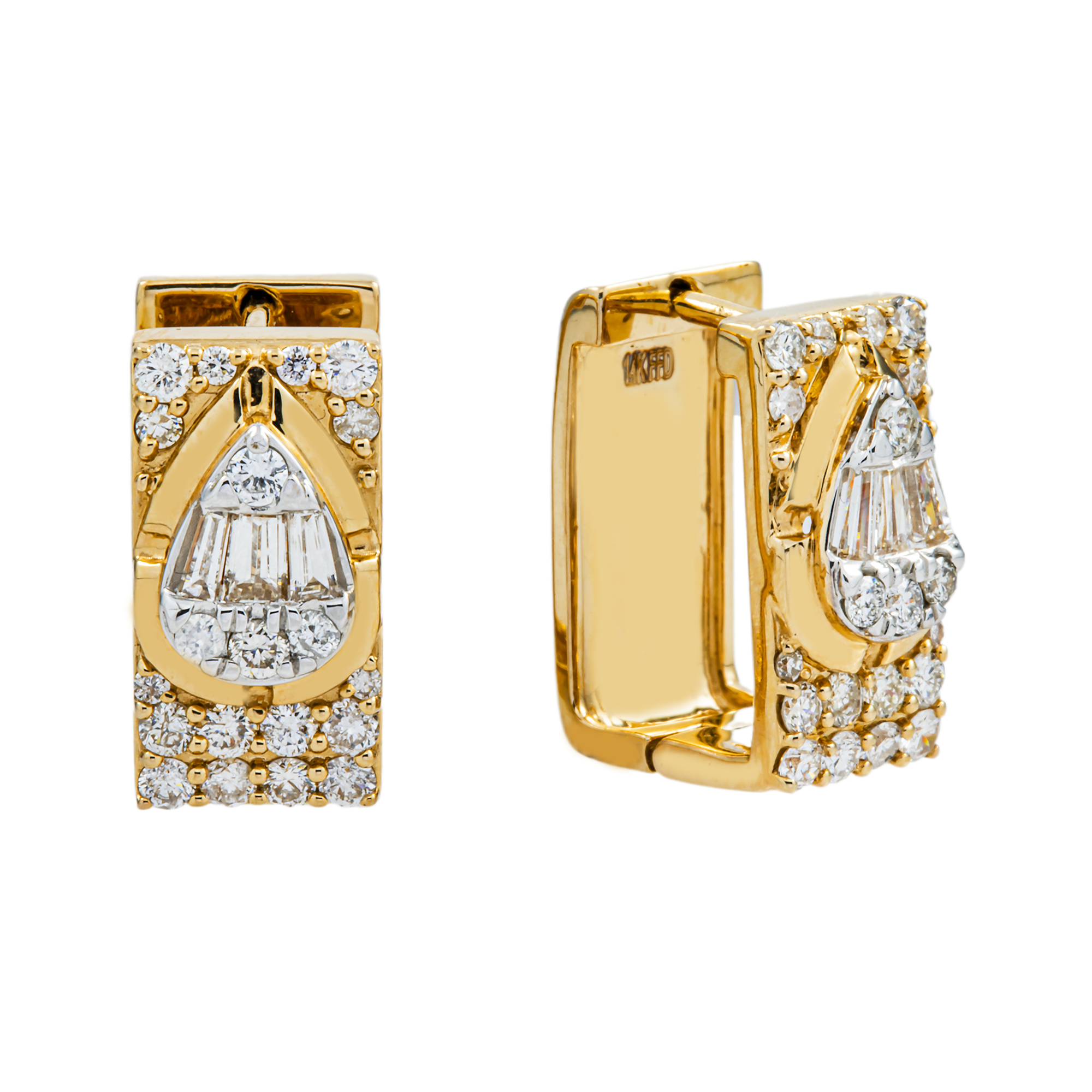 14K Two Tone Baguette & Round Diamond Square Hoop Huggie Earrings 1.20ctw