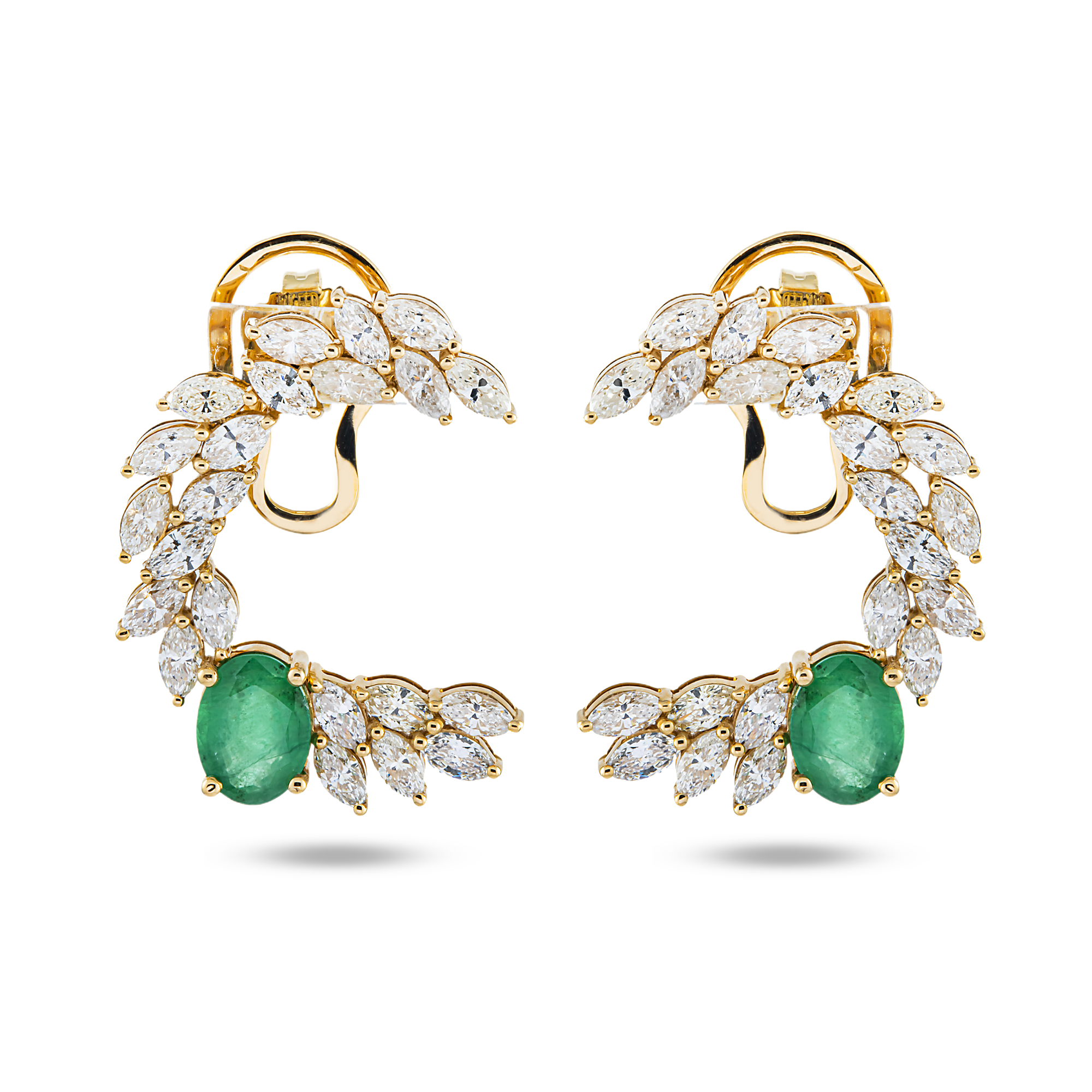 14K Yellow Gold Oval Cut Emerald & Marquise Cut Diamond Open Hoop Earrings 5.92ctw