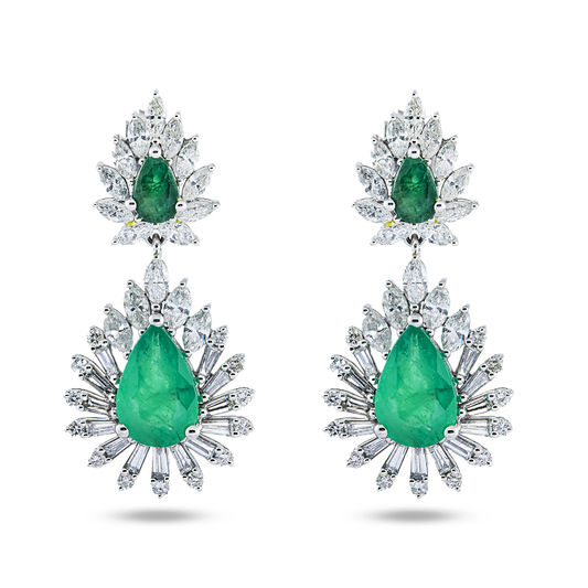14K White Gold Emerald & Diamond Goddess Drop Earrings 7.41ctw