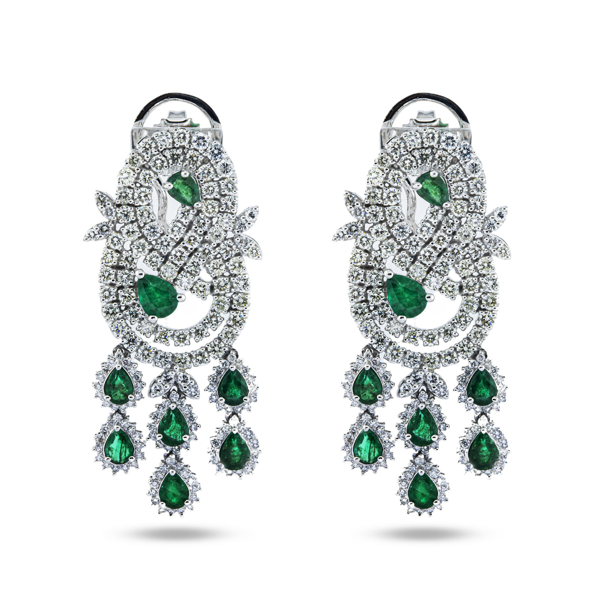 14K White Gold Emerald & Diamond Chandelier Drop Earrings 5.99ctw