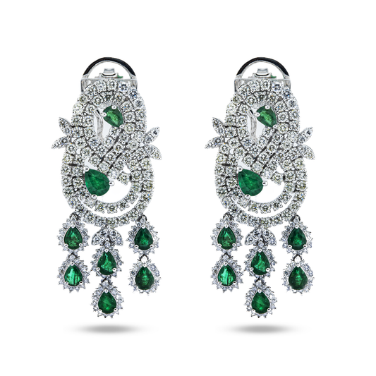 14K White Gold Emerald & Diamond Chandelier Drop Earrings 5.99ctw