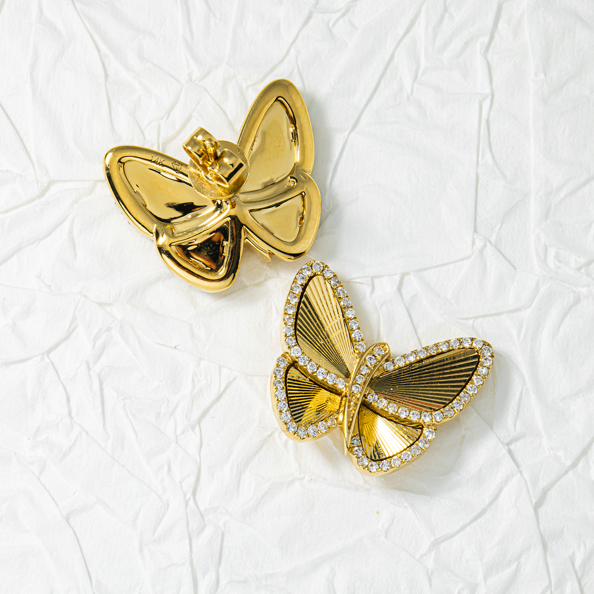 14K Yellow Gold Round Diamond Butterfly Stud Earrings 0.56ctw