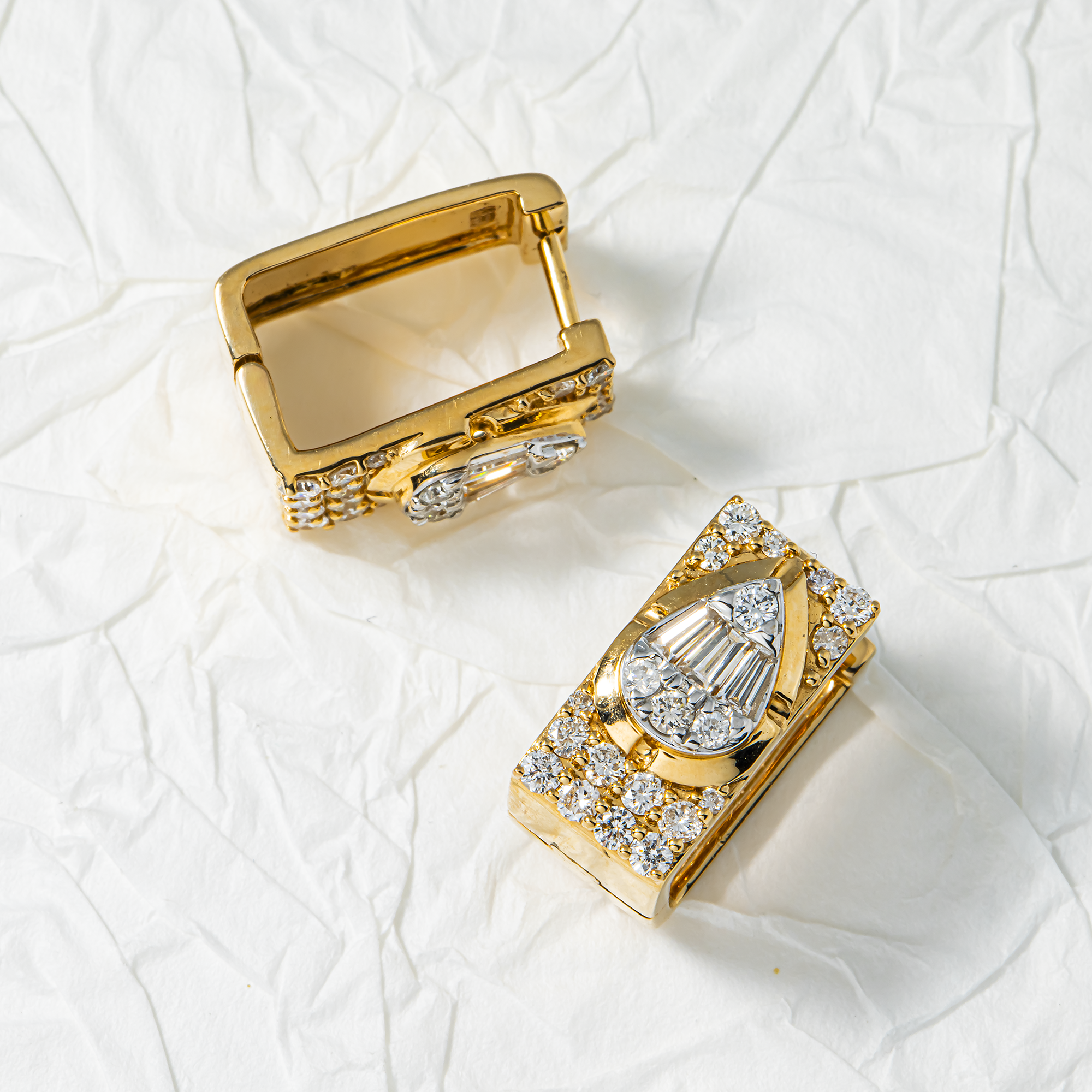 14K Two Tone Baguette & Round Diamond Square Hoop Huggie Earrings 1.20ctw