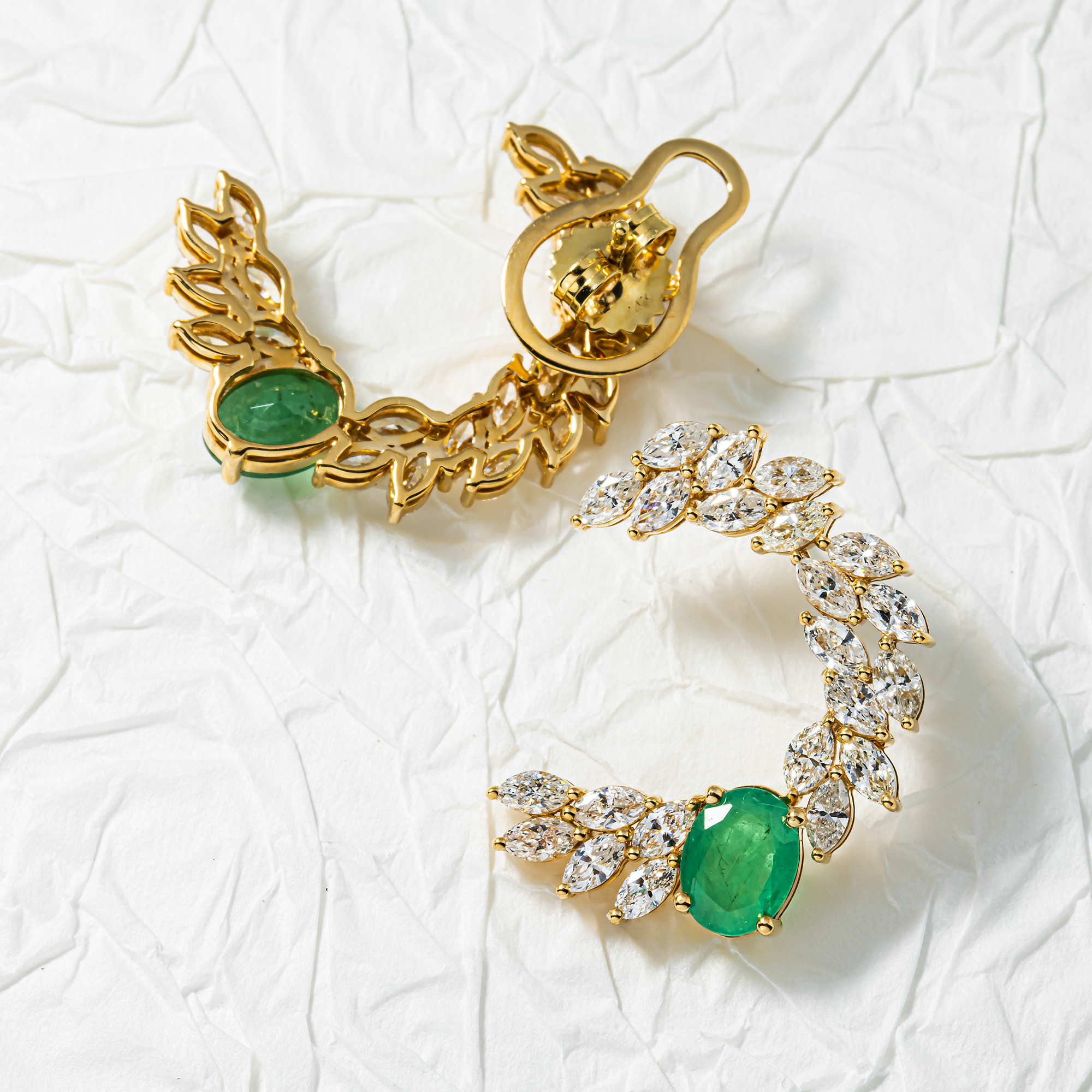 14K Yellow Gold Oval Cut Emerald & Marquise Cut Diamond Open Hoop Earrings 5.92ctw