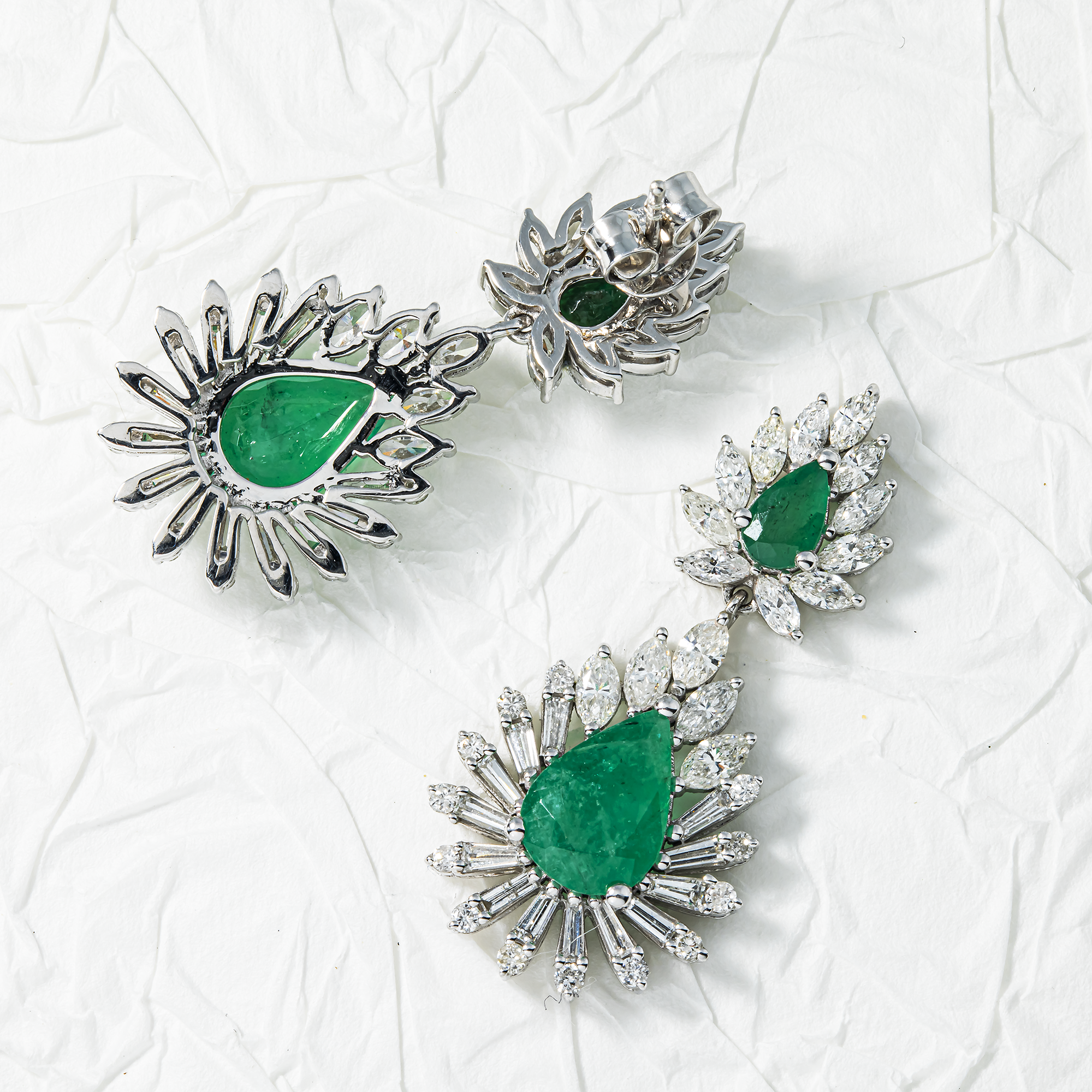 14K White Gold Emerald & Diamond Goddess Drop Earrings 7.41ctw