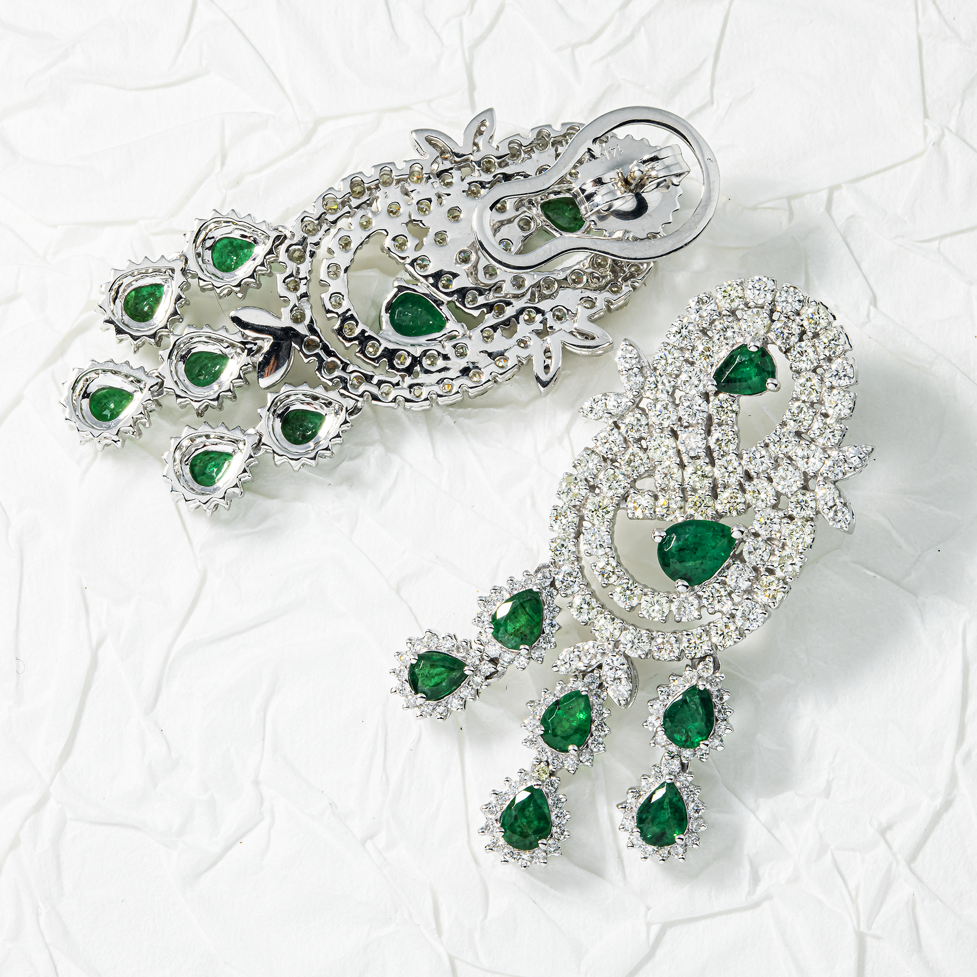 14K White Gold Emerald & Diamond Chandelier Drop Earrings 5.99ctw