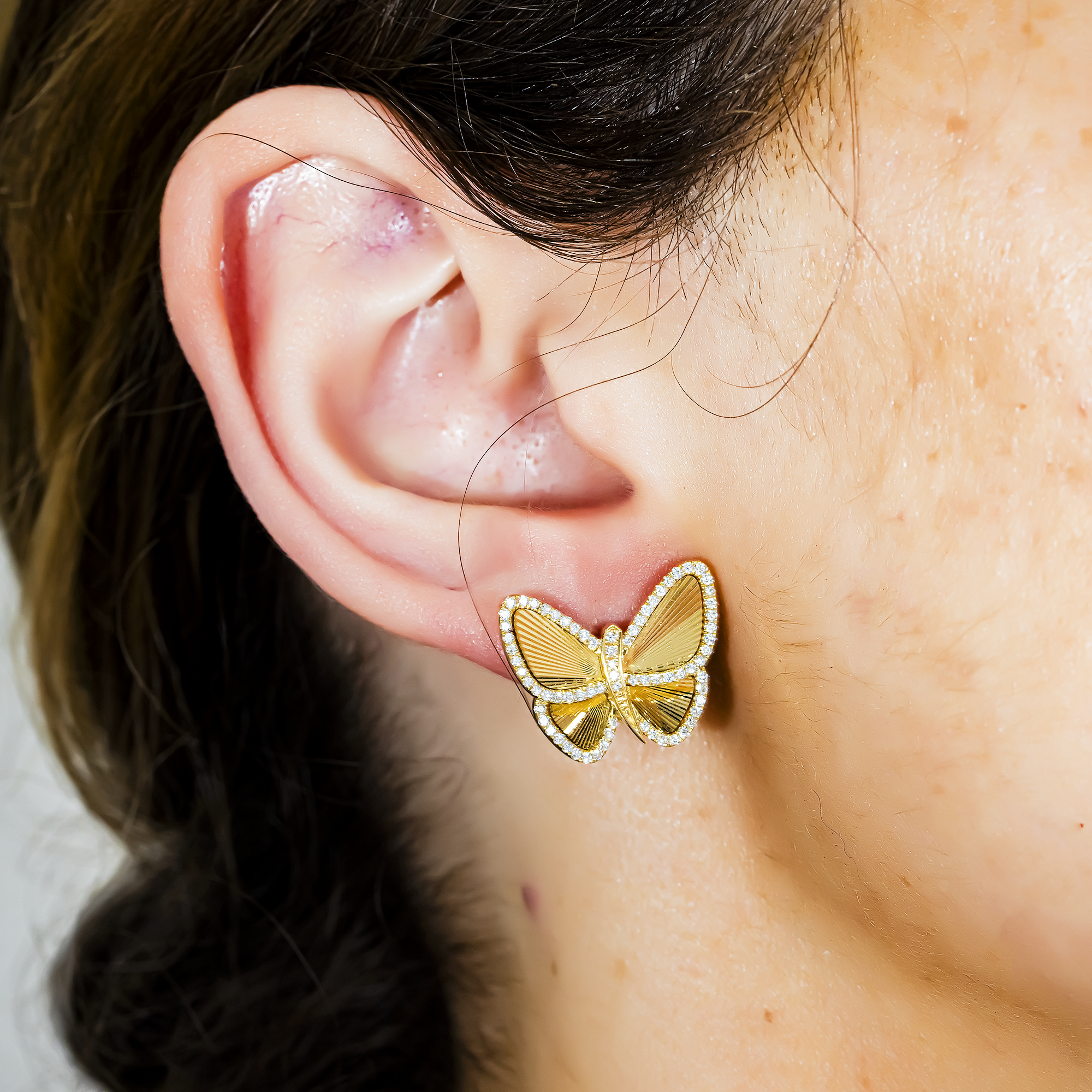 14K Yellow Gold Round Diamond Butterfly Stud Earrings 0.56ctw
