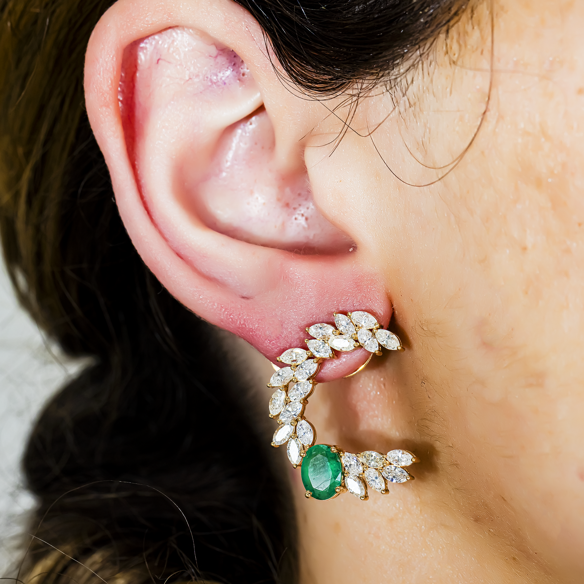 14K Yellow Gold Oval Cut Emerald & Marquise Cut Diamond Open Hoop Earrings 5.92ctw