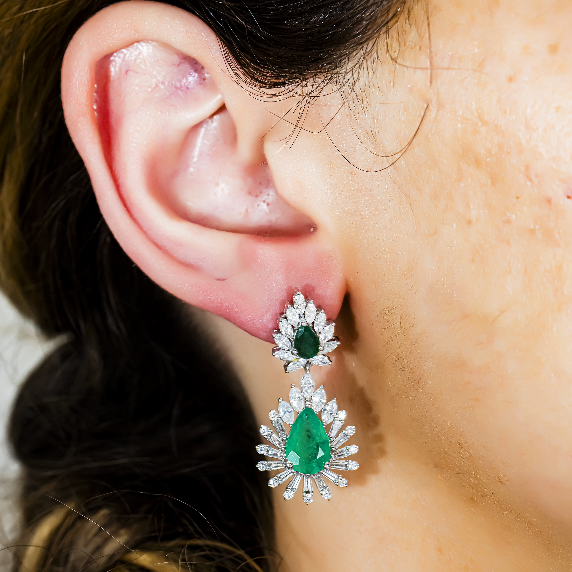 14K White Gold Emerald & Diamond Goddess Drop Earrings 7.41ctw
