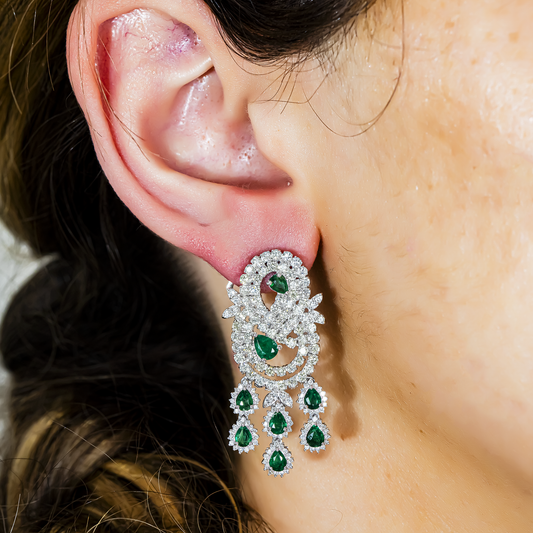 14K White Gold Emerald & Diamond Chandelier Drop Earrings 5.99ctw