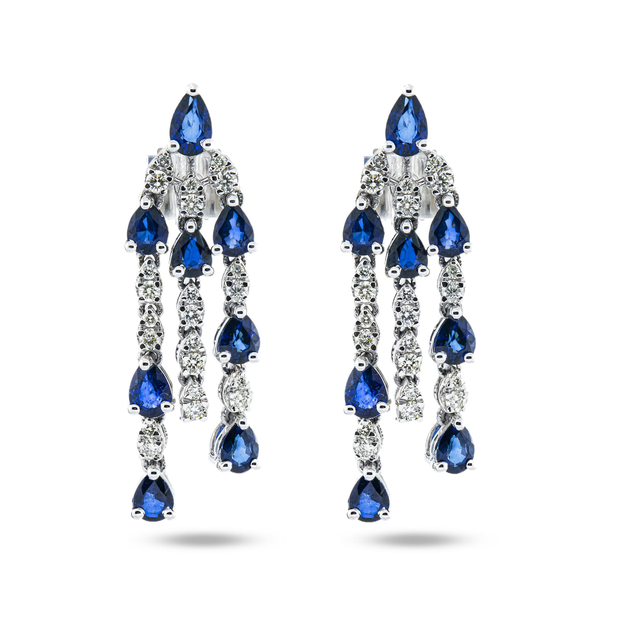 14K White Gold Three Tier Sapphire & Diamond Chandelier Drop Earrings 3.99ctw