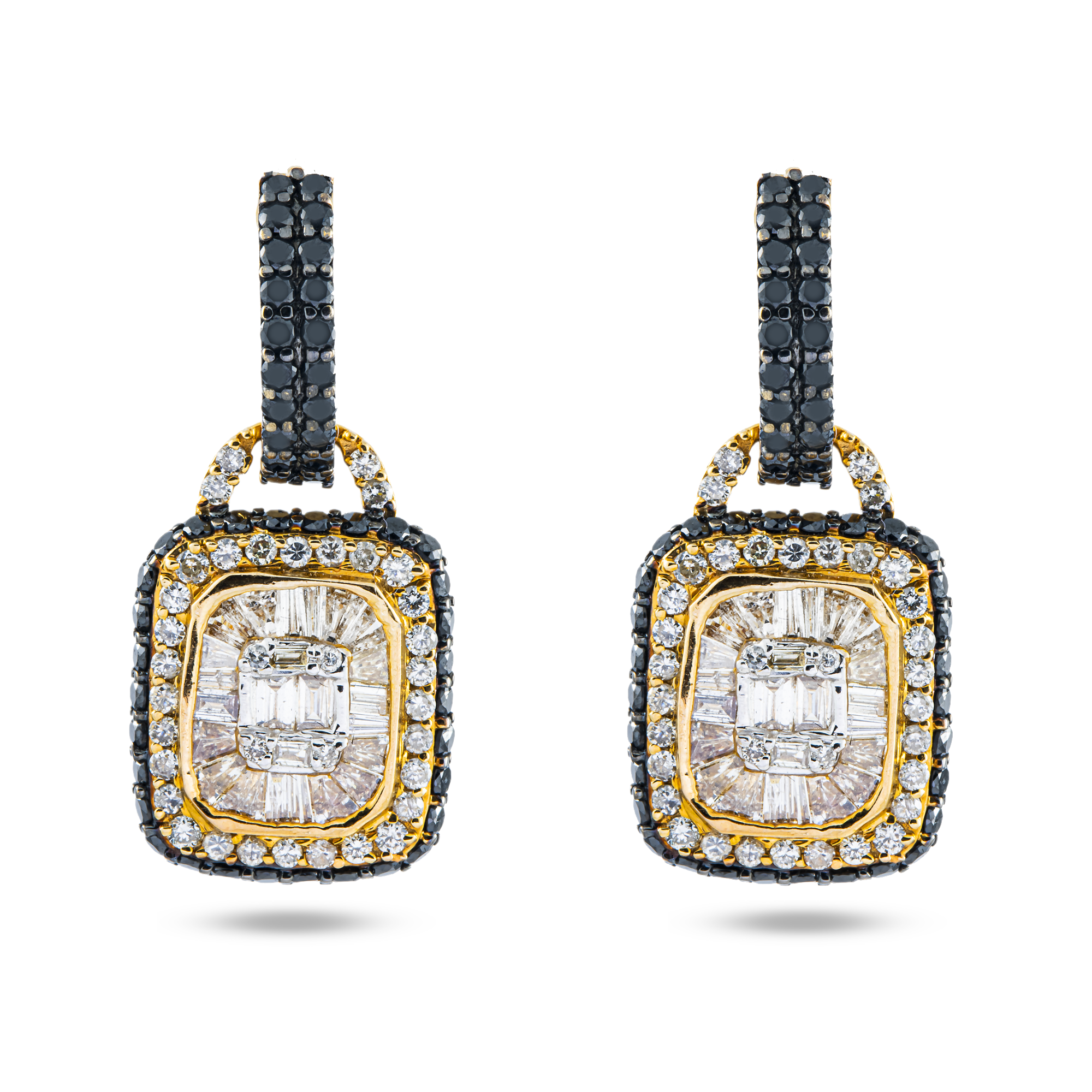 14K Yellow Gold Black & White Diamond Huggie Drop Earrings 3.60ctw