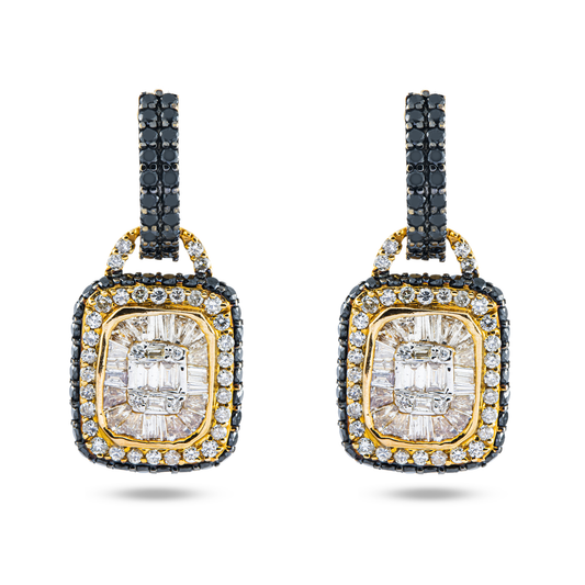 14K Yellow Gold Black & White Diamond Huggie Drop Earrings 3.60ctw