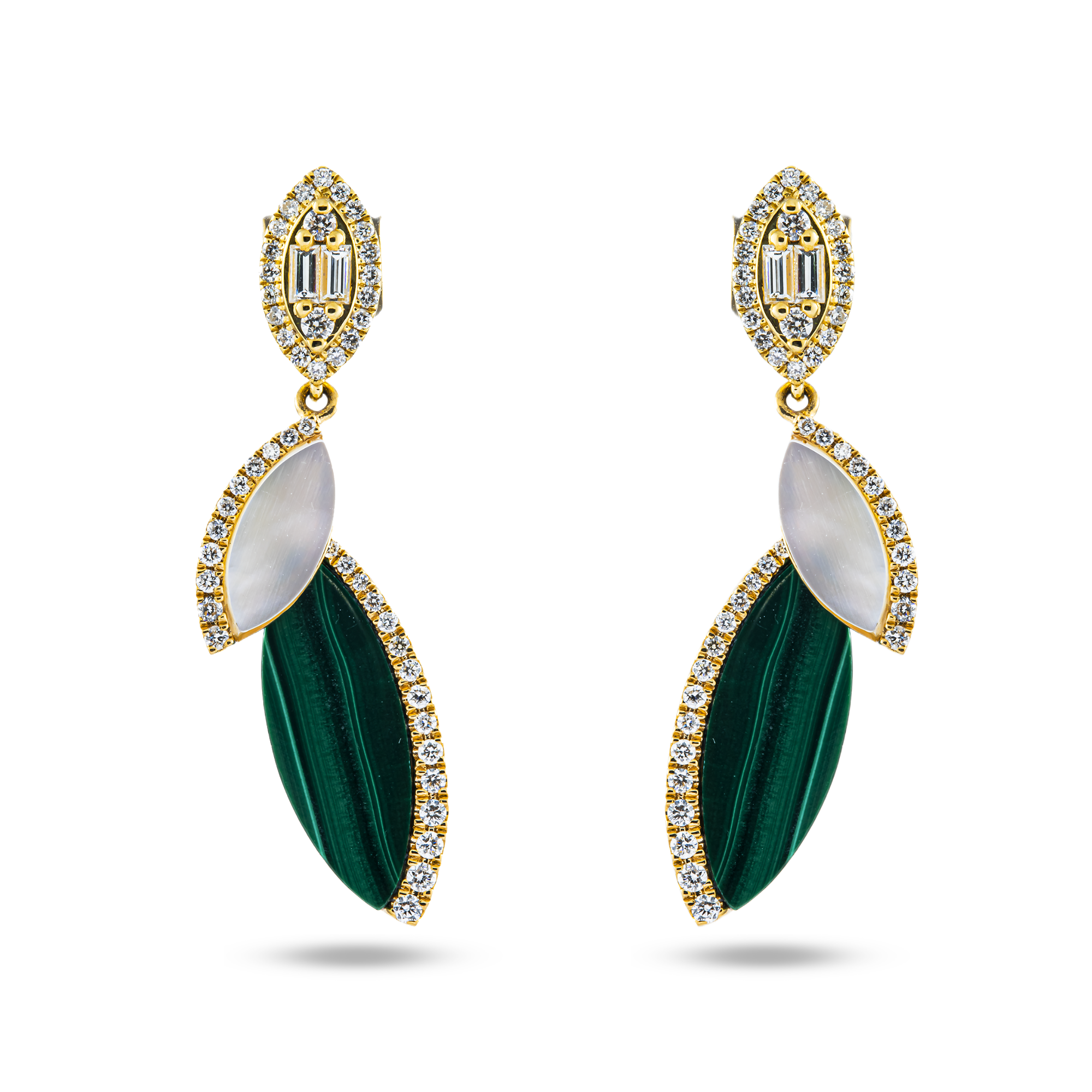 18K Yellow Gold Mother of Pearl/Malachite & Diamond Drop Earrings 0.45ctw