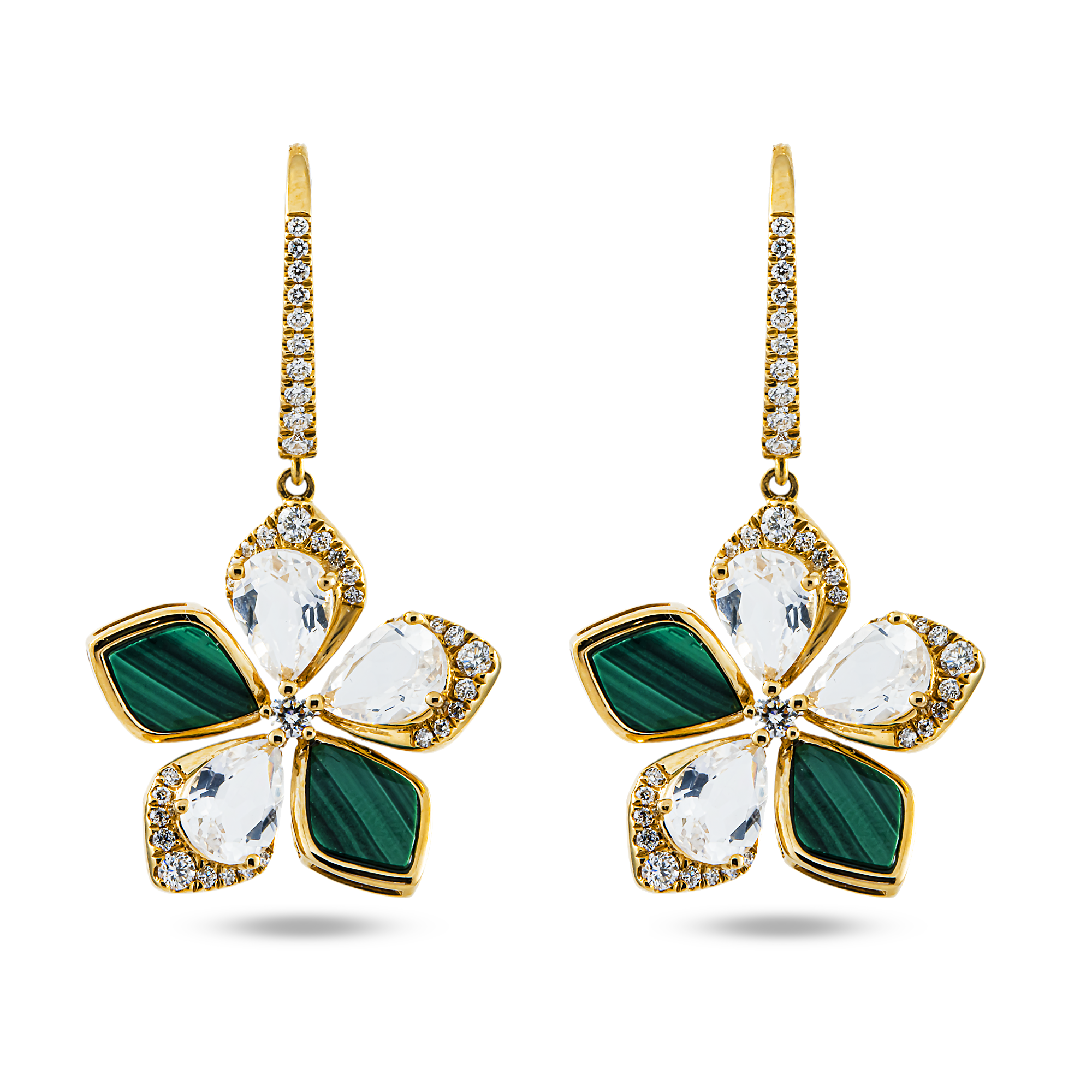 18K Yellow Gold White Quartz/Malachite & Diamond Flower Drop Earrings 0.59ctw