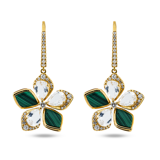 18K Yellow Gold White Quartz/Malachite & Diamond Flower Drop Earrings 0.59ctw