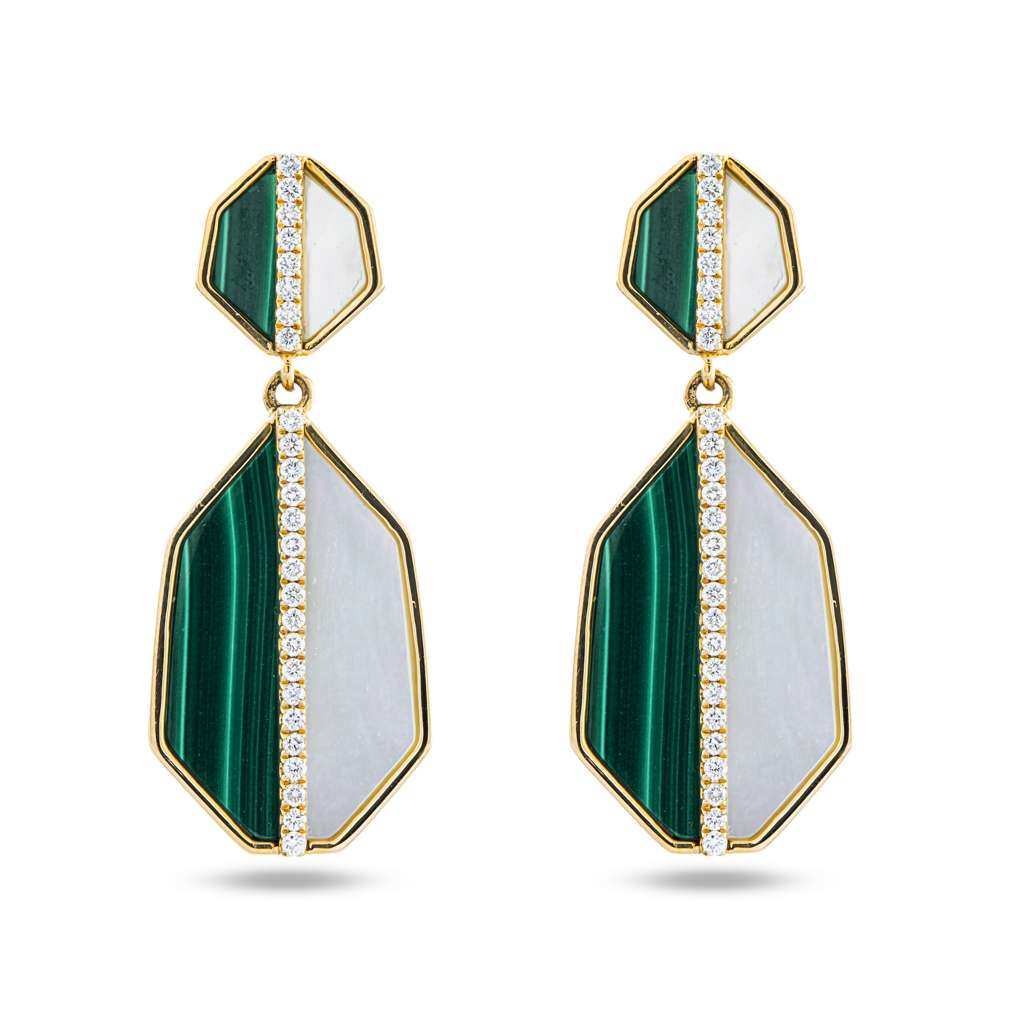 14K Yellow Gold Mother of Pearl/Malachite & Diamond Drop Earrings 0.25ctw