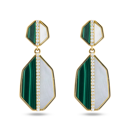 14K Yellow Gold Mother of Pearl/Malachite & Diamond Drop Earrings 0.25ctw