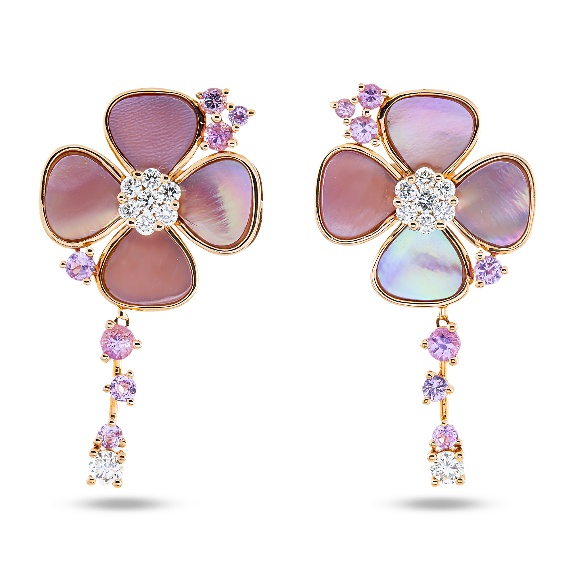 18K Rose Gold Pink Mother of Pearl/Sapphire & Diamond Flower Drop Earrings 0.52ctw