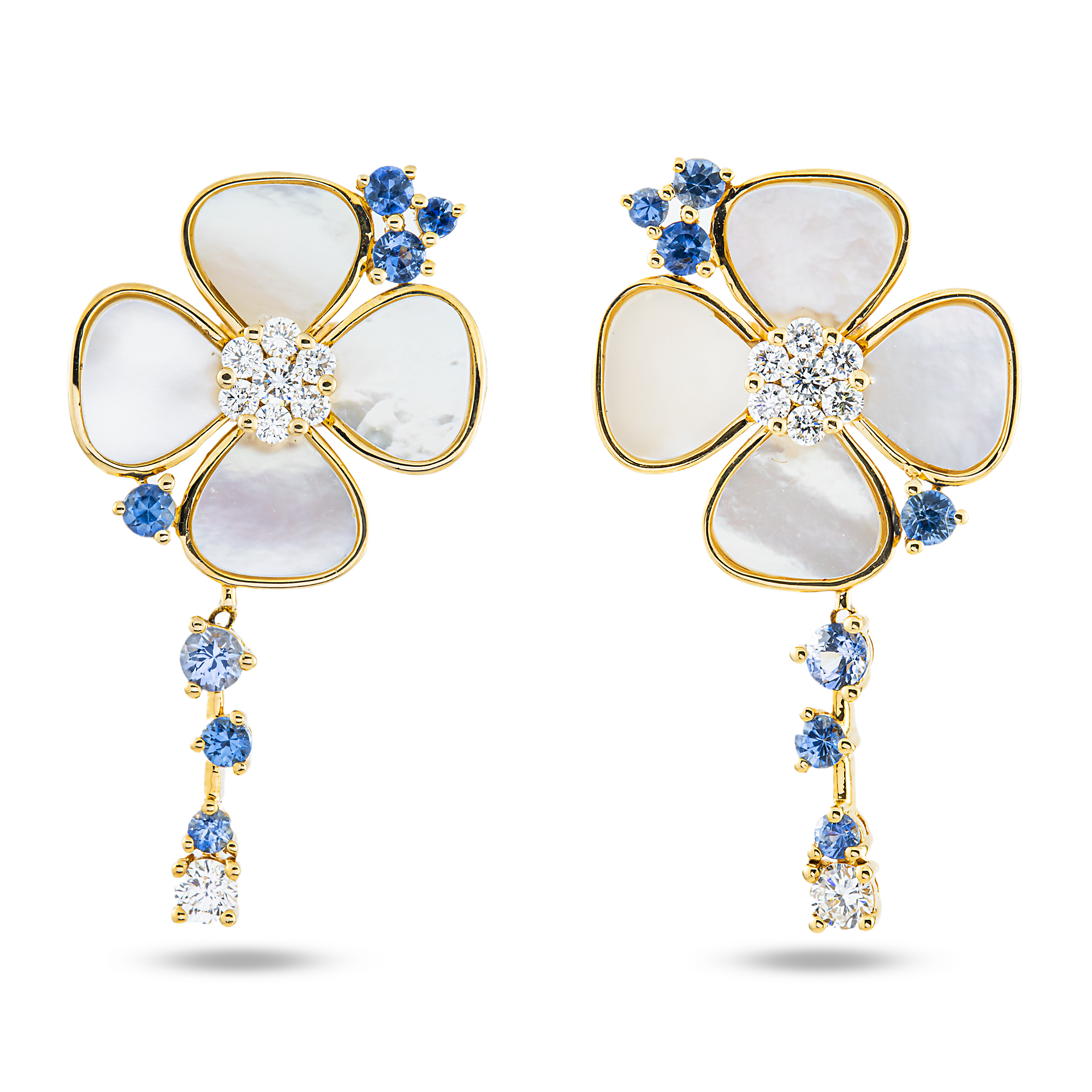 18K Yellow Gold Mother of Pearl/Blue Sapphire & Diamond Flower Drop Earrings 0.52ctw