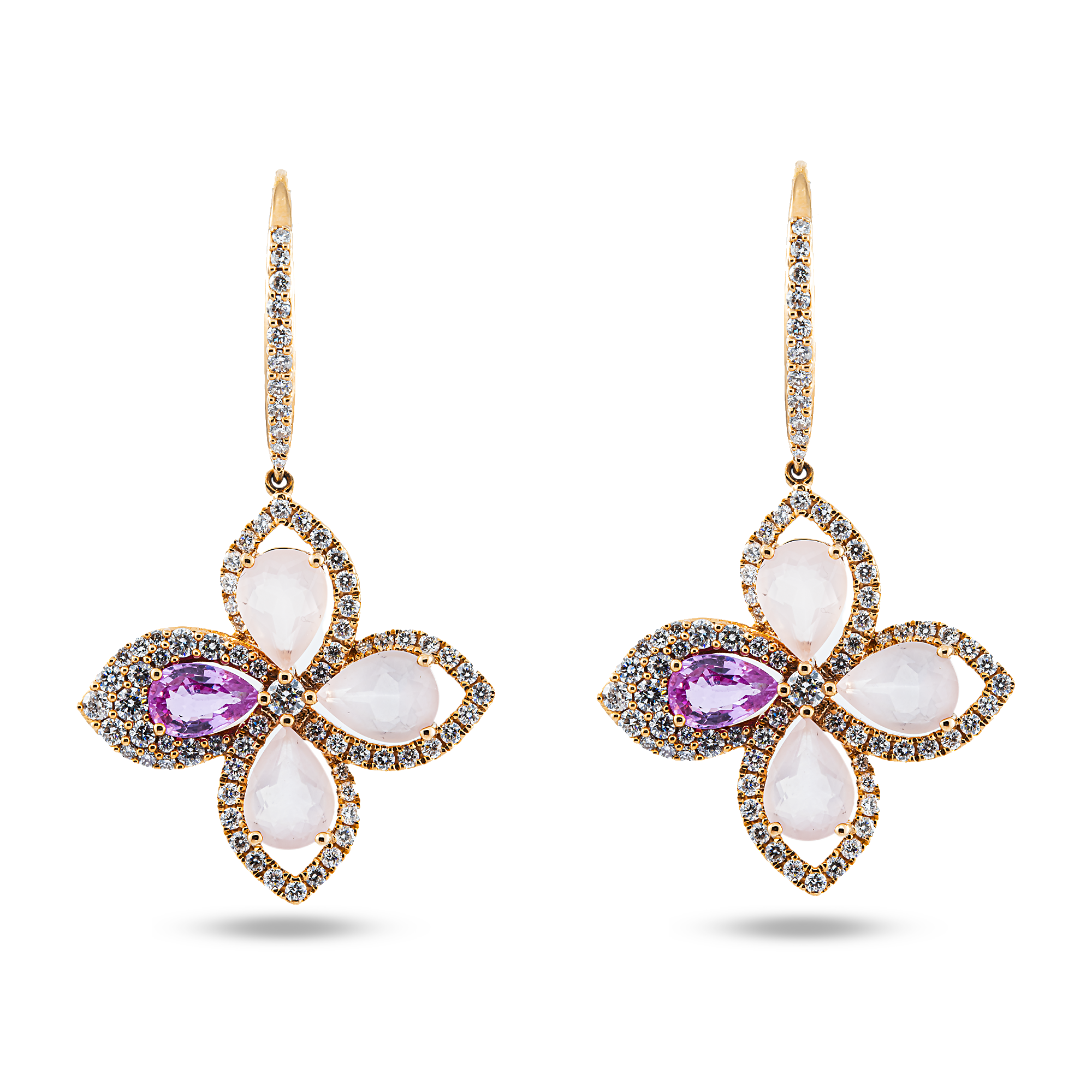 18K Rose Gold Pink Sapphire/Quartz & Diamond Flower Drop Earrings 1.30ctw