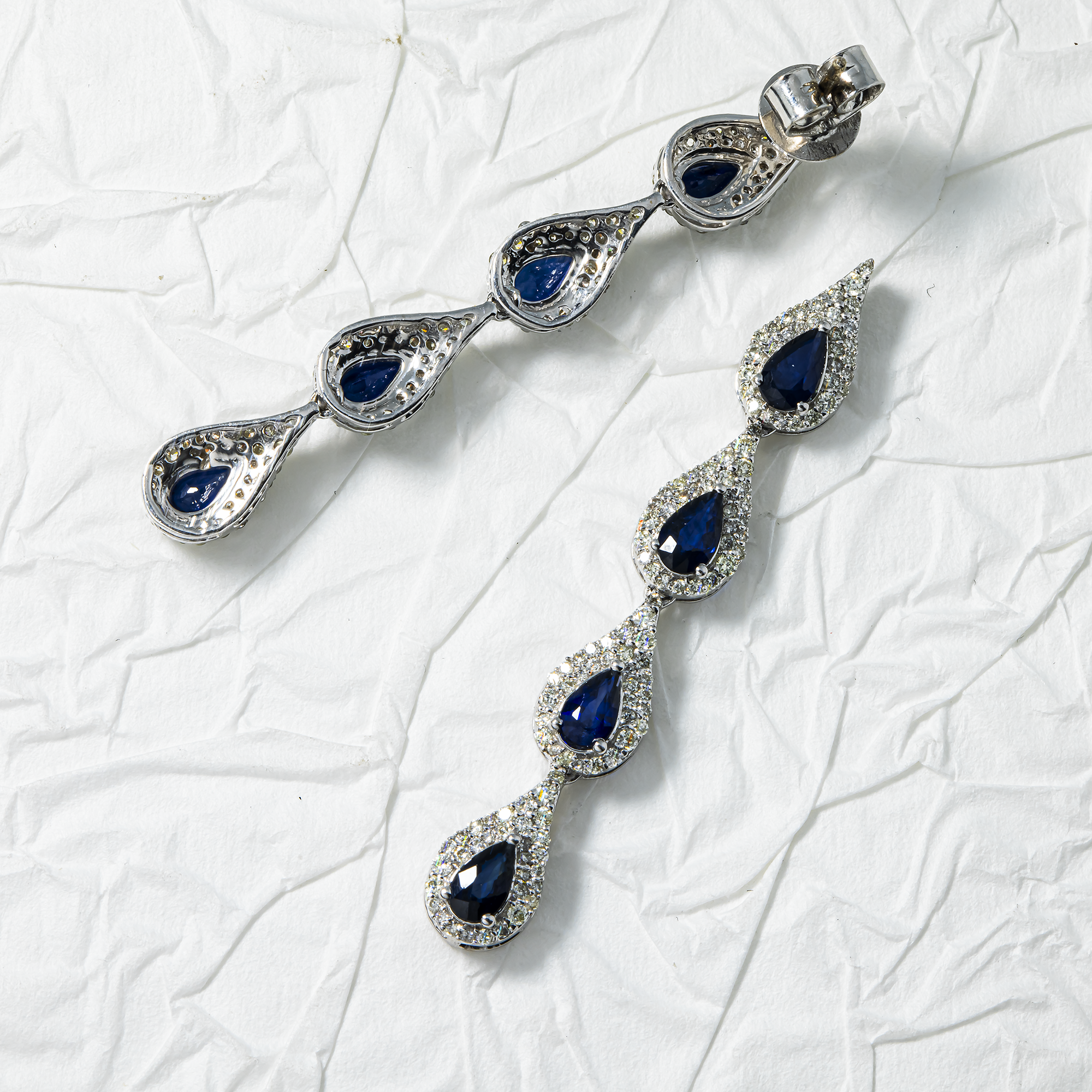 14K White Gold Sapphire & Round Diamond Drop Earrings 2.62ctw