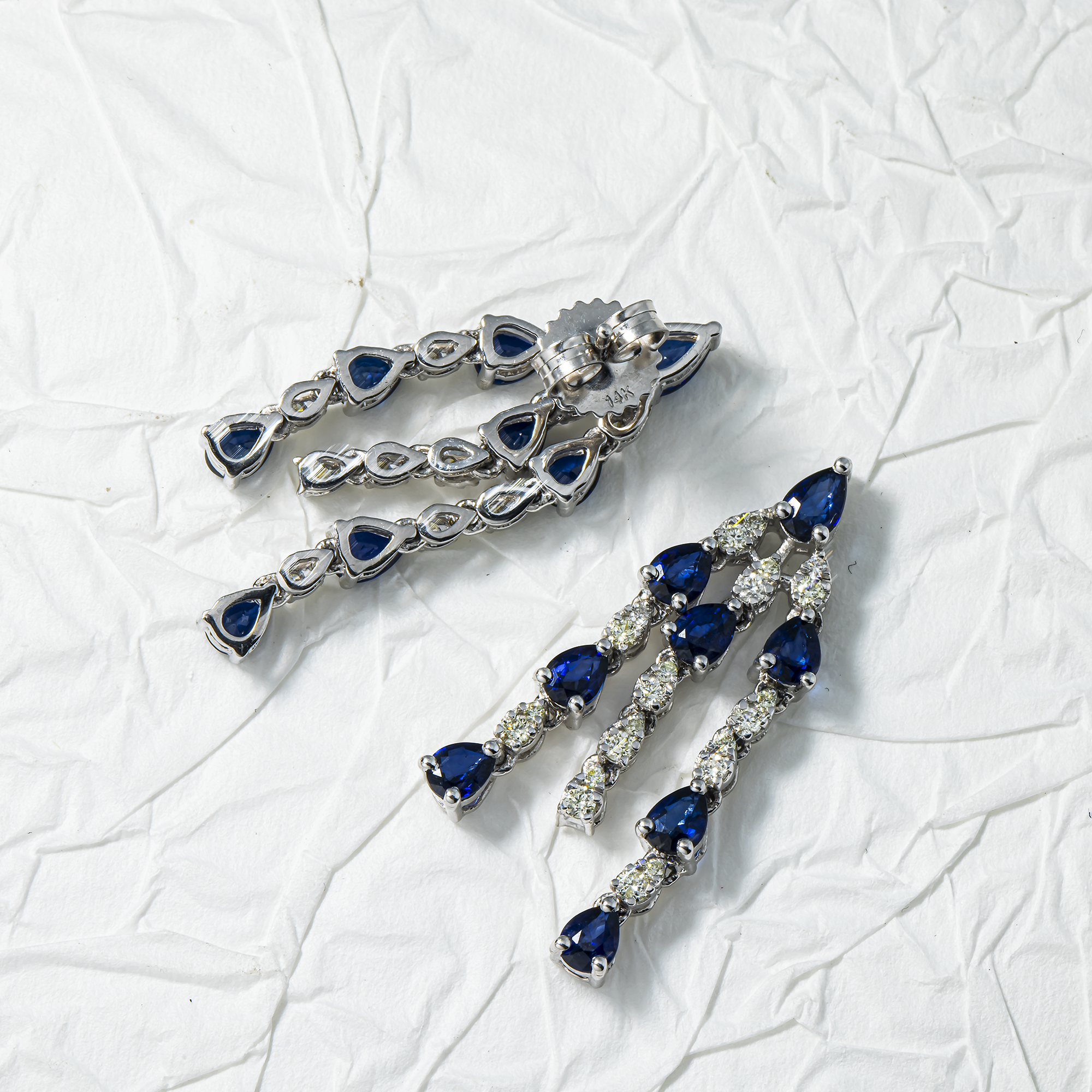 14K White Gold Three Tier Sapphire & Diamond Chandelier Drop Earrings 3.99ctw