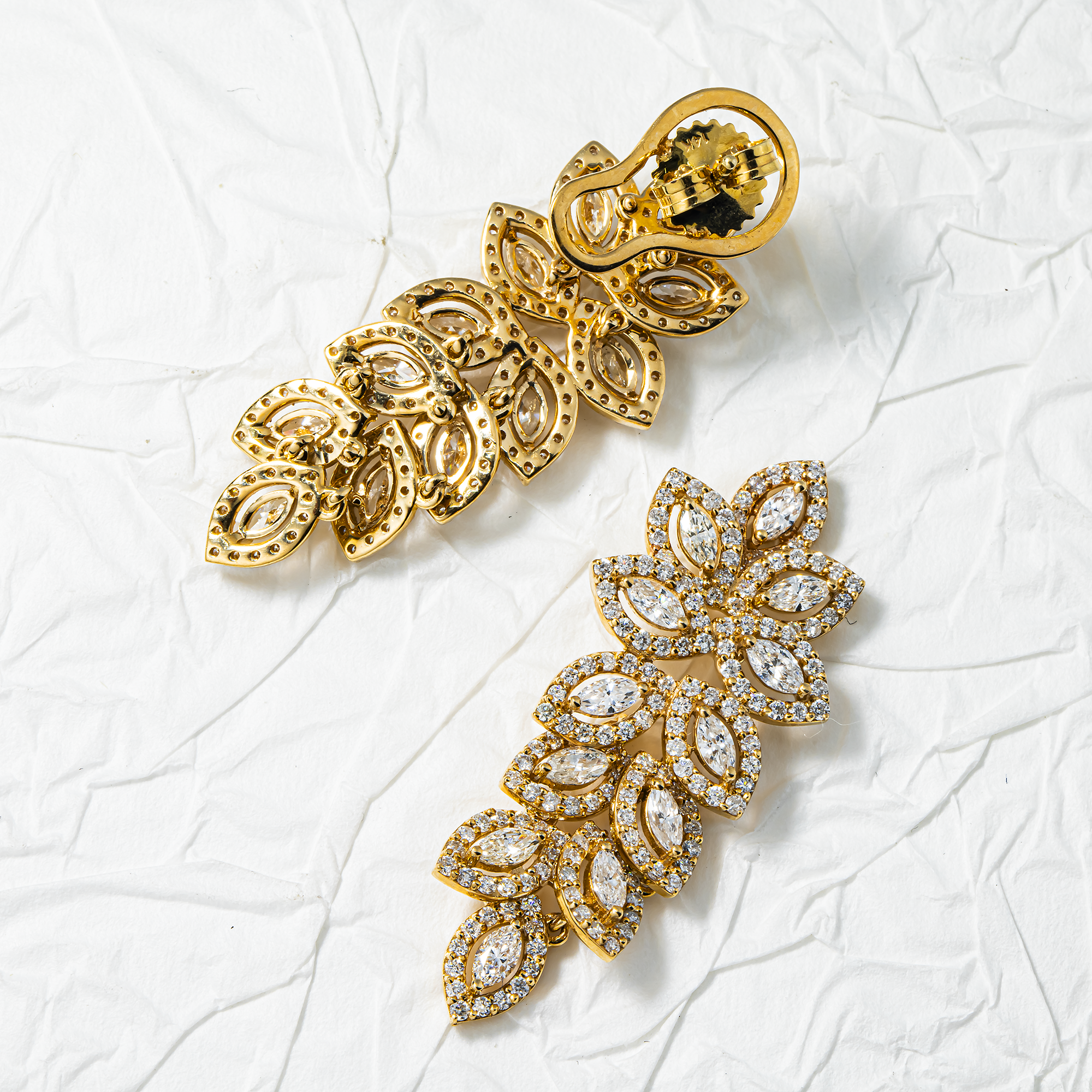 14K Yellow Gold Marquise Cut Diamond Petal Vine Drop Earrings 3.9ctw