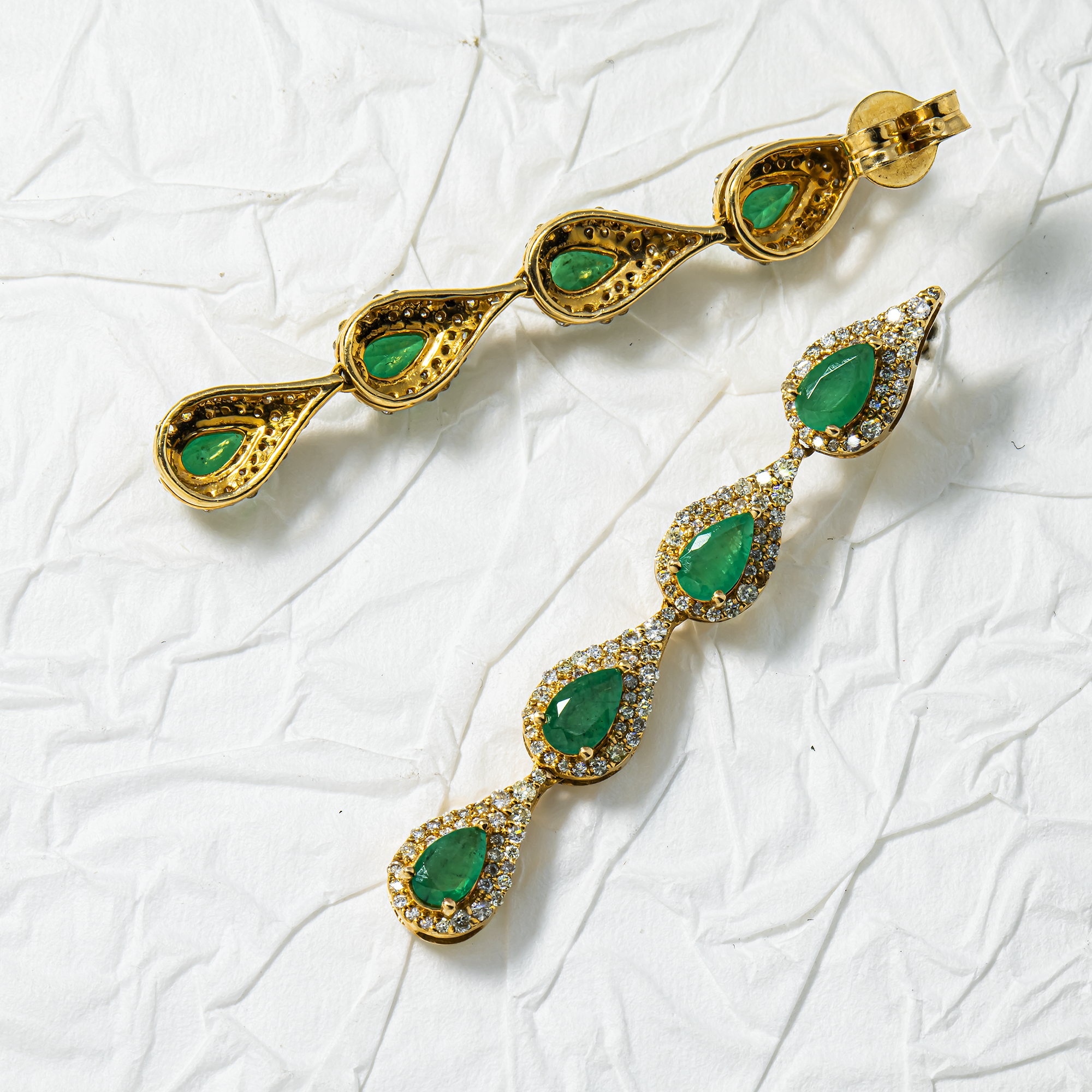 14K Yellow Gold Emerald & Round Diamond Drop Earrings 2.64ctw