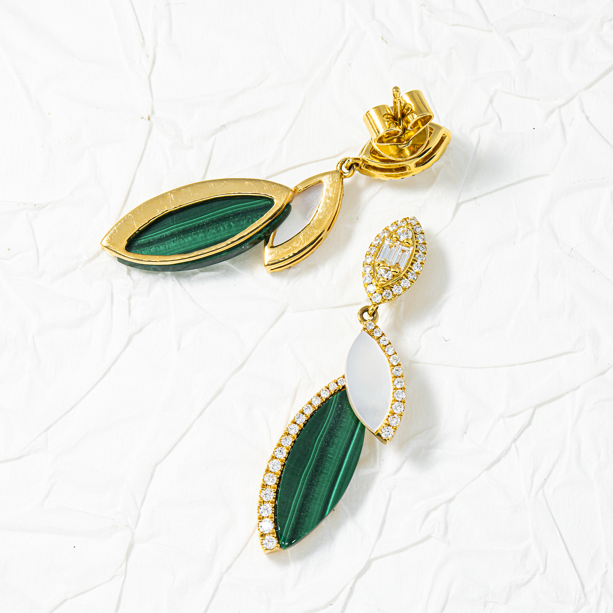 18K Yellow Gold Mother of Pearl/Malachite & Diamond Drop Earrings 0.45ctw