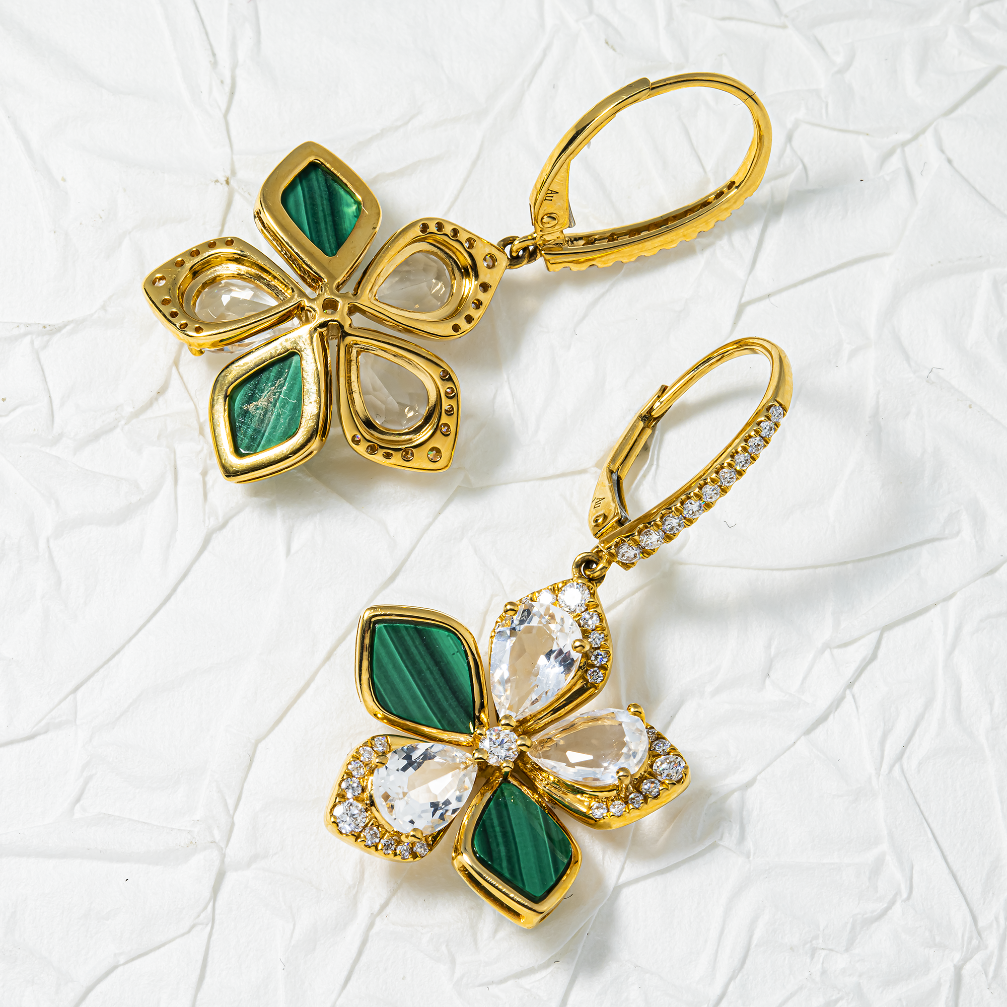 18K Yellow Gold White Quartz/Malachite & Diamond Flower Drop Earrings 0.59ctw