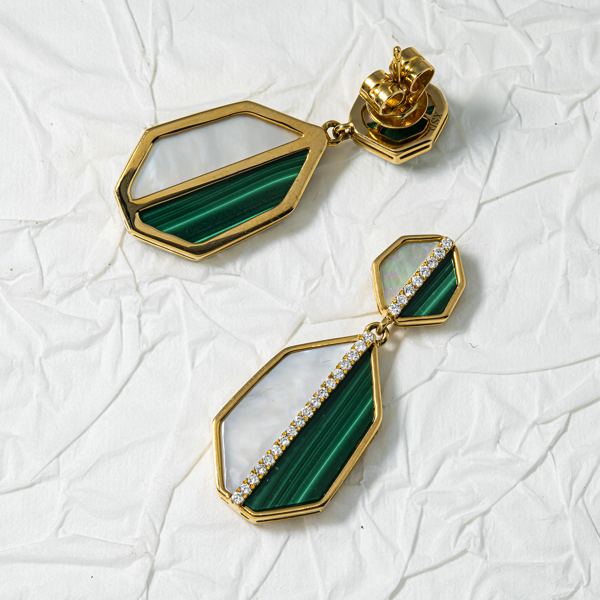 14K Yellow Gold Mother of Pearl/Malachite & Diamond Drop Earrings 0.25ctw