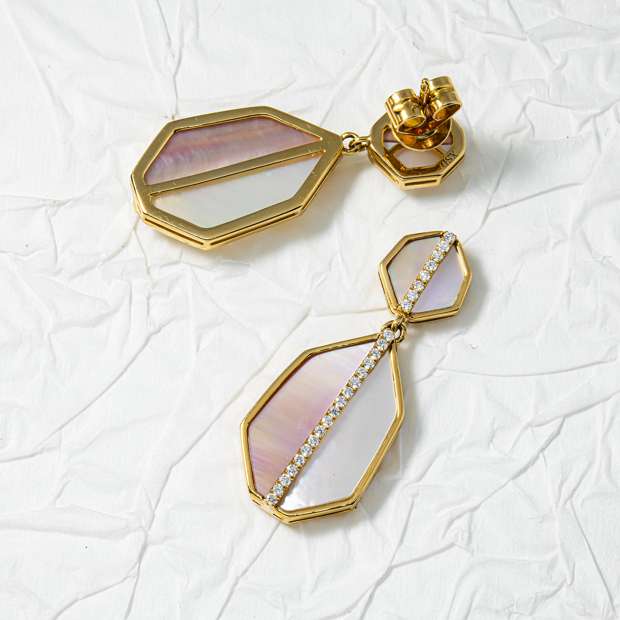 14K Yellow Gold White & Pink Mother of Pearl Diamond Drop Earrings 0.25ctw