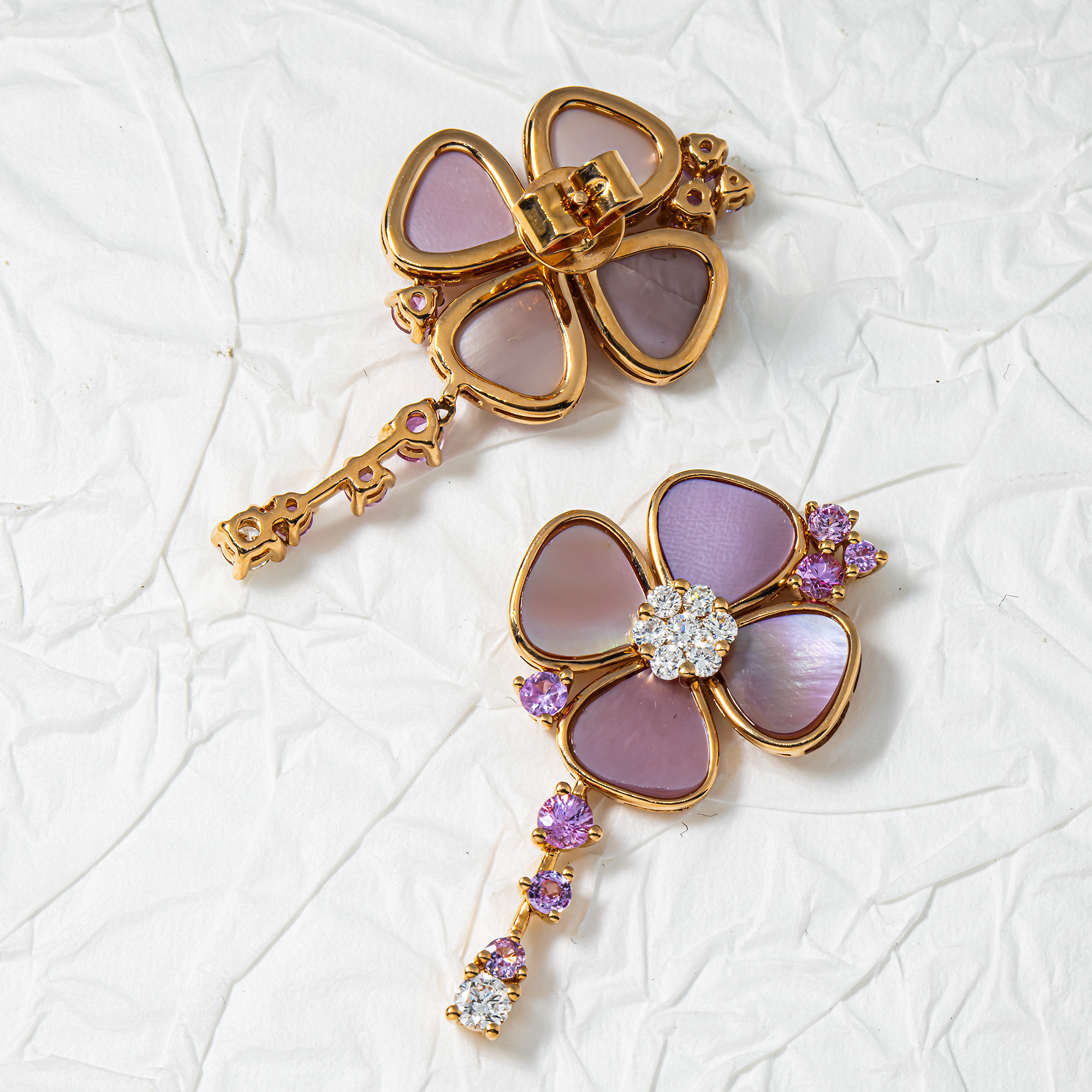 18K Rose Gold Pink Mother of Pearl/Sapphire & Diamond Flower Drop Earrings 0.52ctw