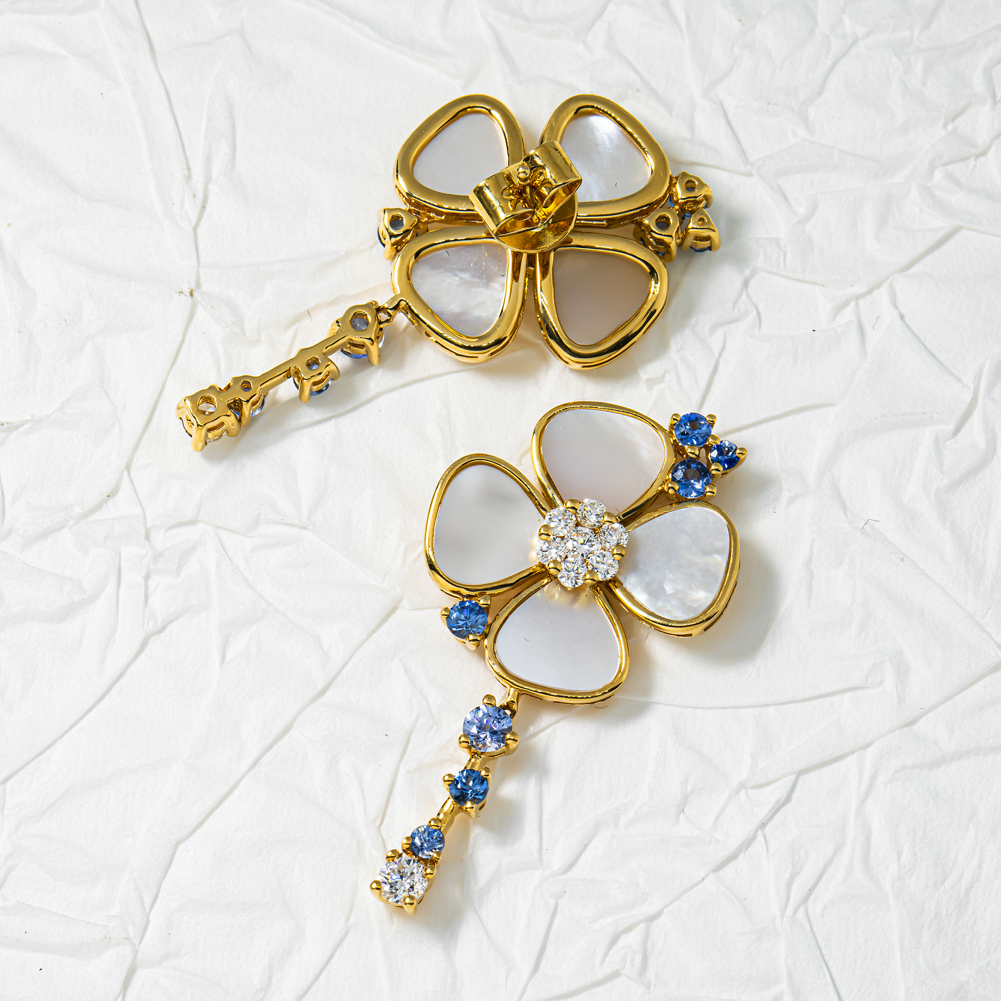18K Yellow Gold Mother of Pearl/Blue Sapphire & Diamond Flower Drop Earrings 0.52ctw
