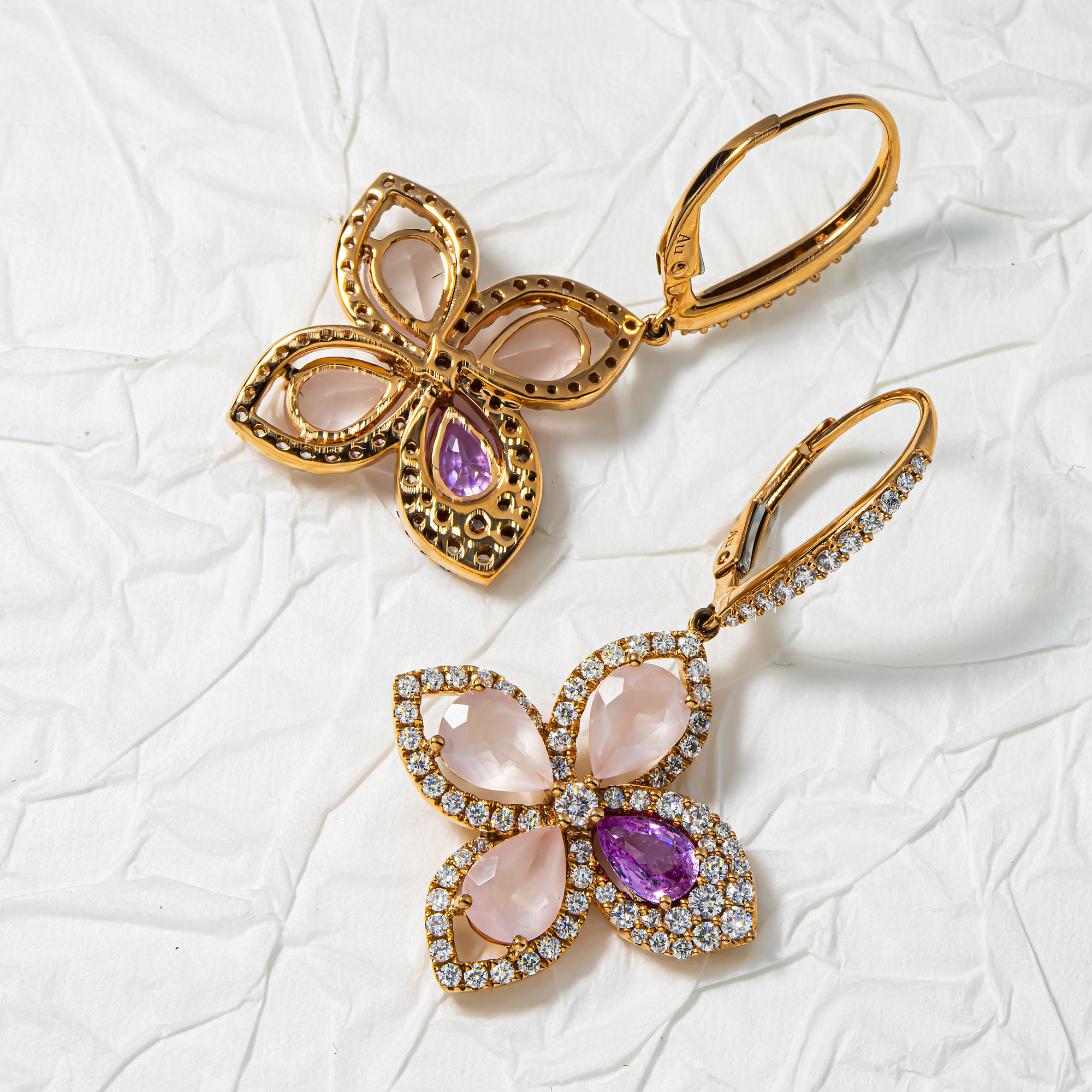 18K Rose Gold Pink Sapphire/Quartz & Diamond Flower Drop Earrings 1.30ctw