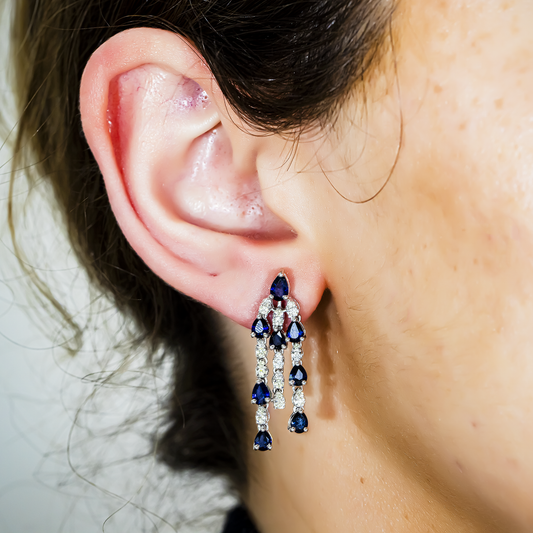 14K White Gold Three Tier Sapphire & Diamond Chandelier Drop Earrings 3.99ctw