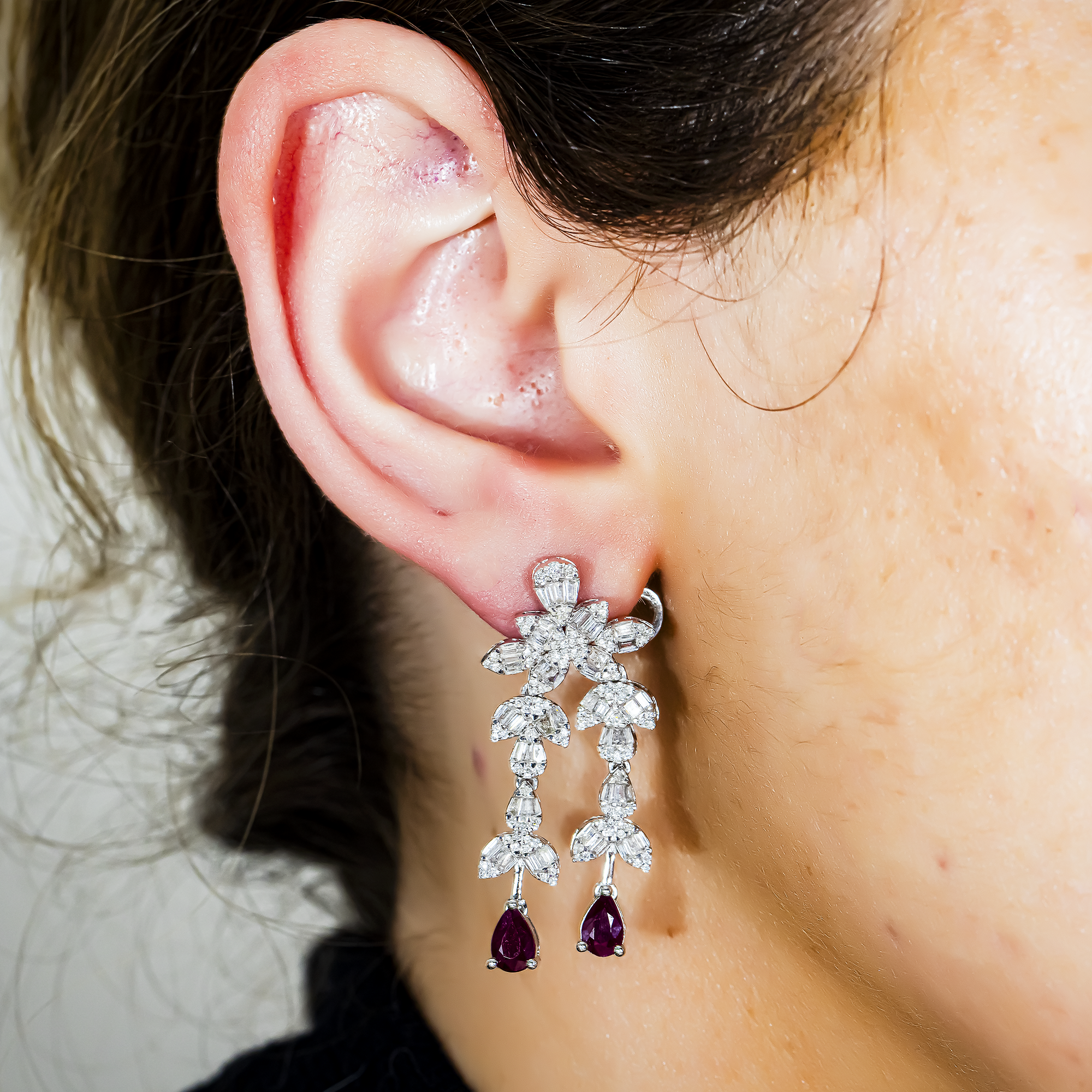 14K White Gold Ruby & Diamond Drop Earrings 4.29ctw